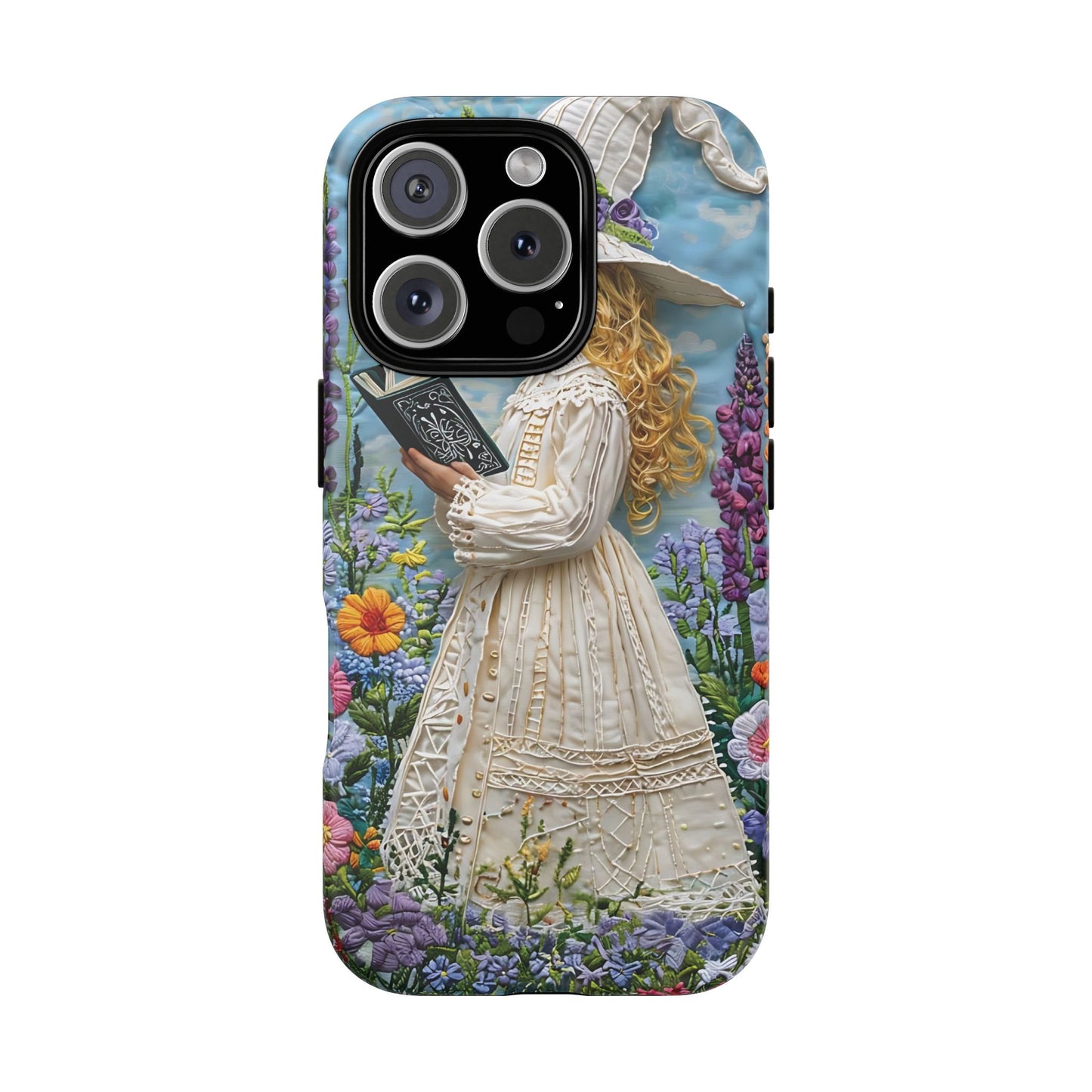 Whimsical Embroidery Of A Girl Reading In A Garden phone case design.