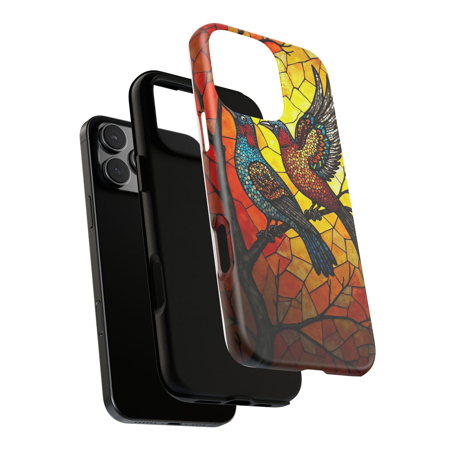 Vibrant Hummingbirds with Stained Glass Charm