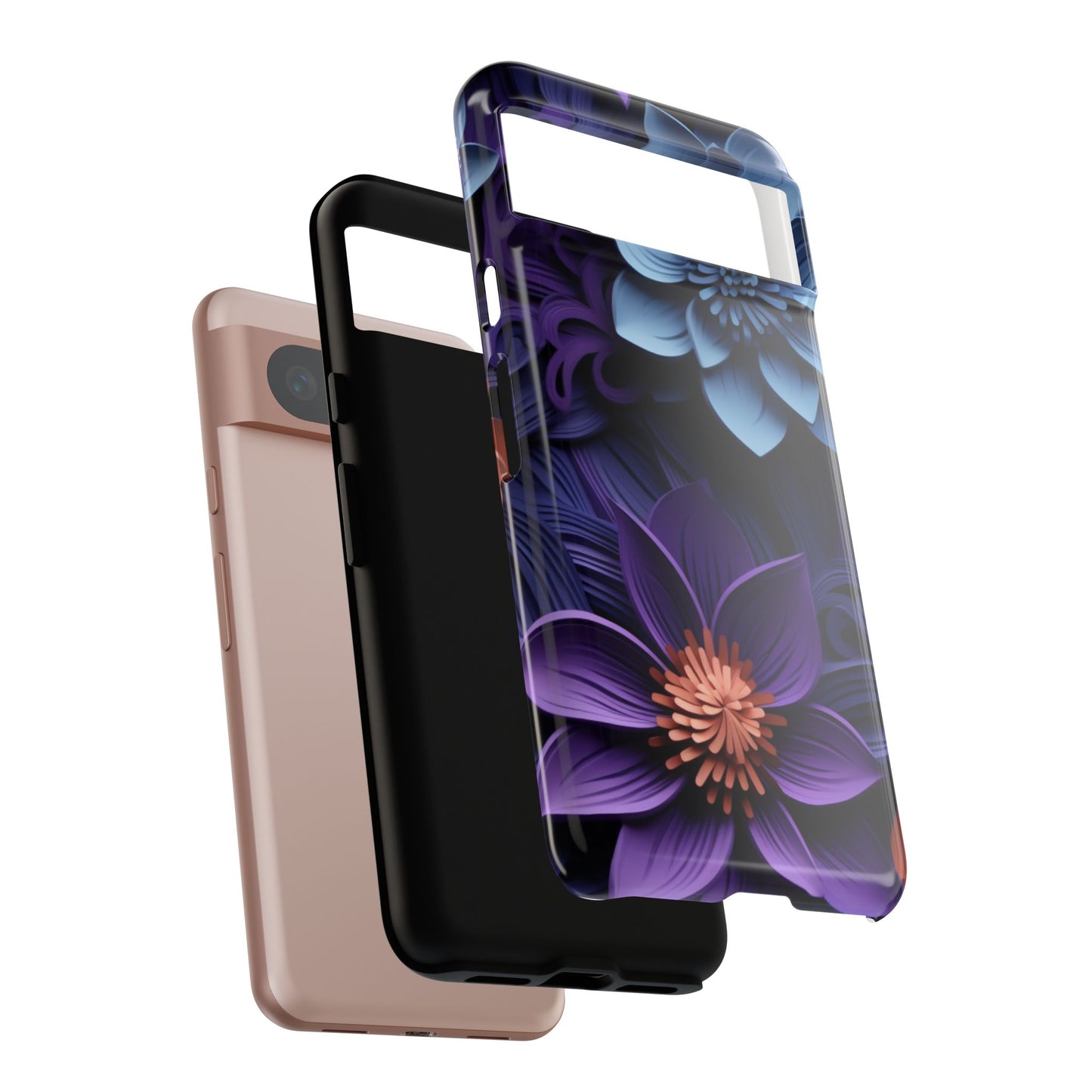 3D Floral Elegance Mobile Case – Midnight Blue & Purple Bloom