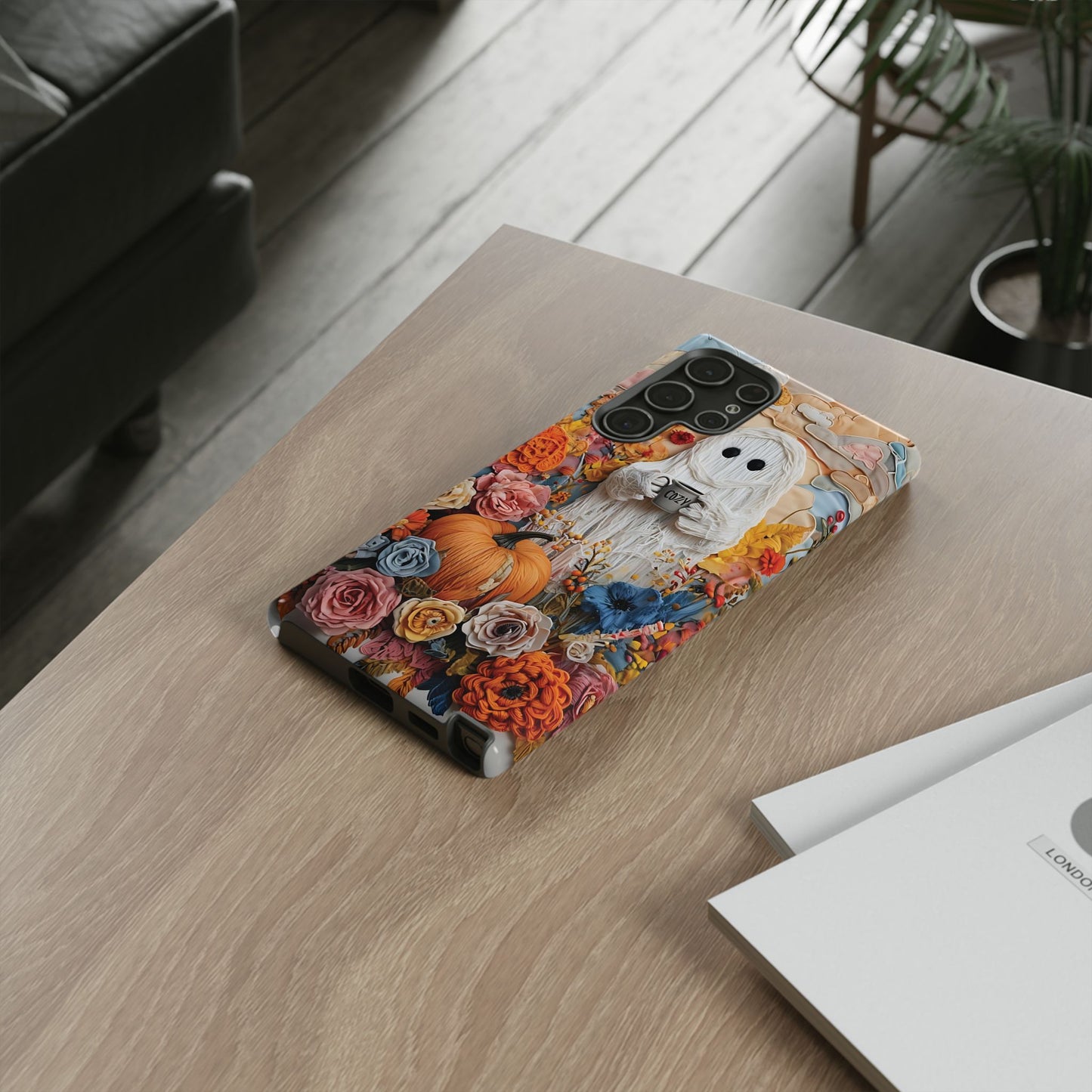 Colorful Whimsical Artwork of Ghost in Autumn Scene phone case design.