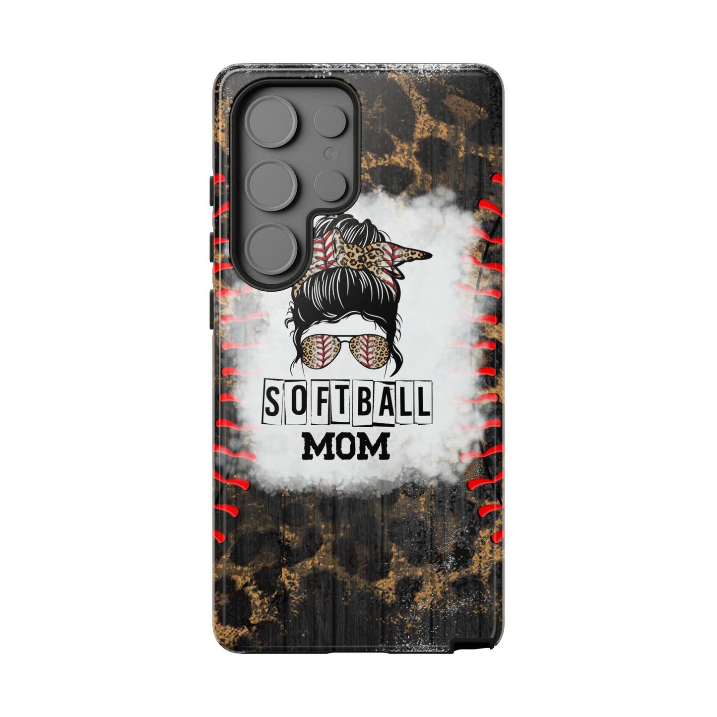 Softball Mom Phone Case for iPhone, Samsung & Google Pixel, Messy Bun Phone Case, Leopard Print Phone Case, Sports Lover Gift