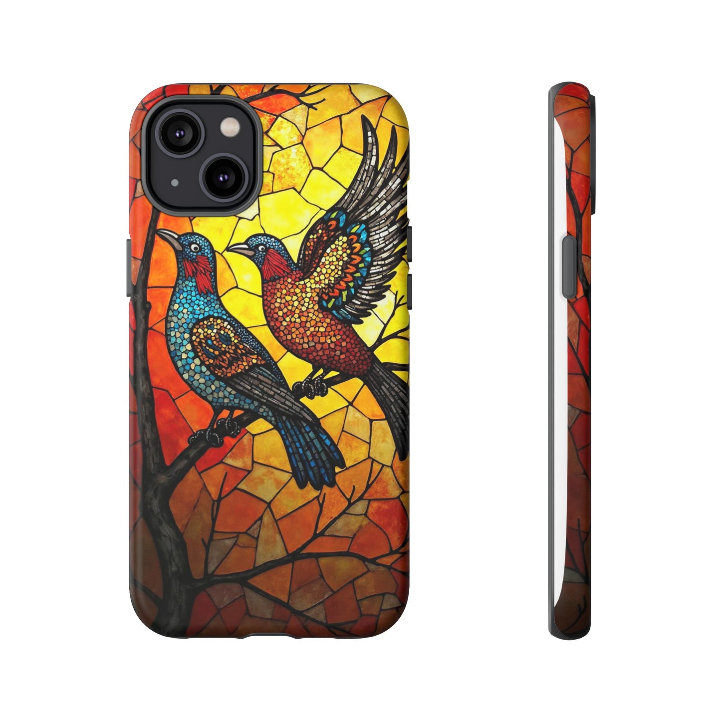 Vibrant Hummingbirds with Stained Glass Charm