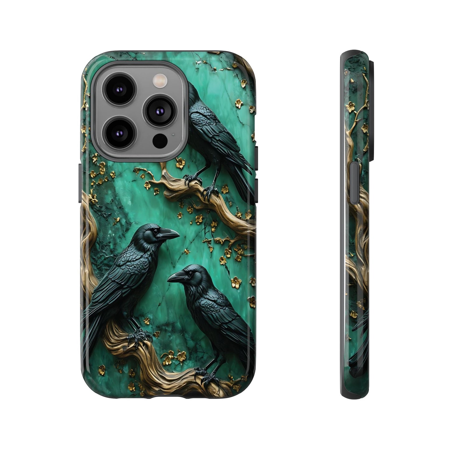 Three Black Ravens Perched On Gold-Accent Branches phone case design