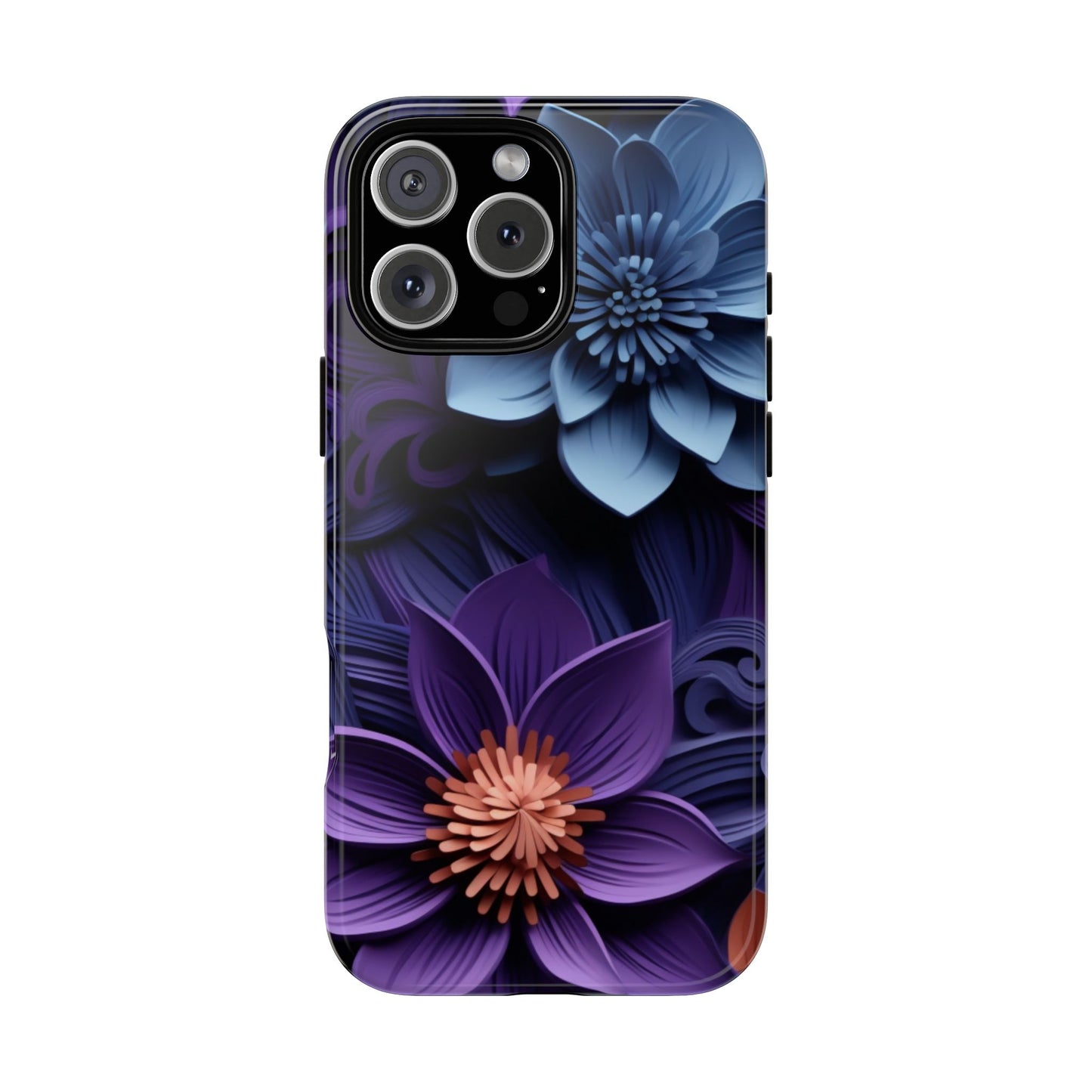 3D Floral Elegance Mobile Case – Midnight Blue & Purple Bloom
