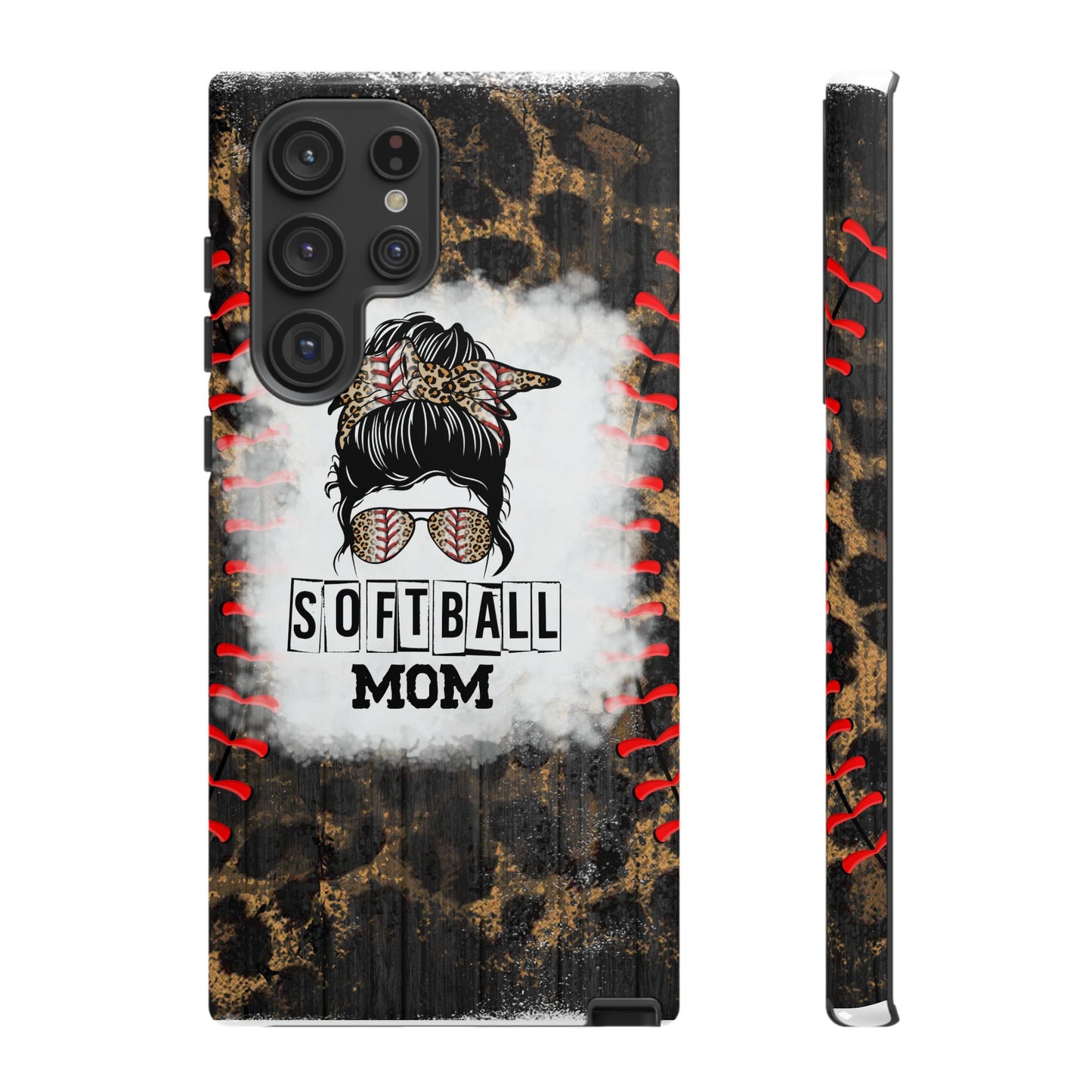Softball Mom Phone Case for iPhone, Samsung & Google Pixel, Messy Bun Phone Case, Leopard Print Phone Case, Sports Lover Gift