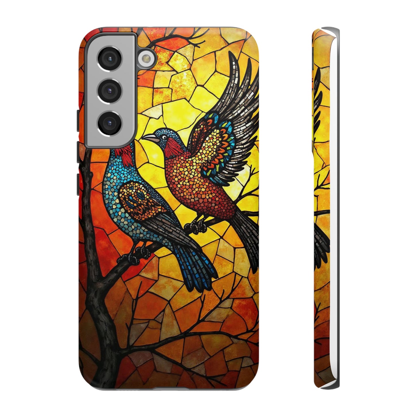 Vibrant Hummingbirds with Stained Glass Charm