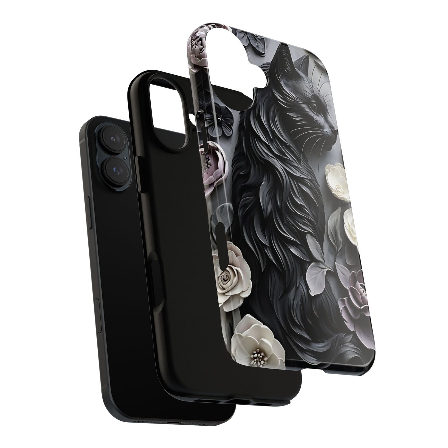 Intricate Bas-Relief Sculpture Of Black Cat Among Flowers phone case design