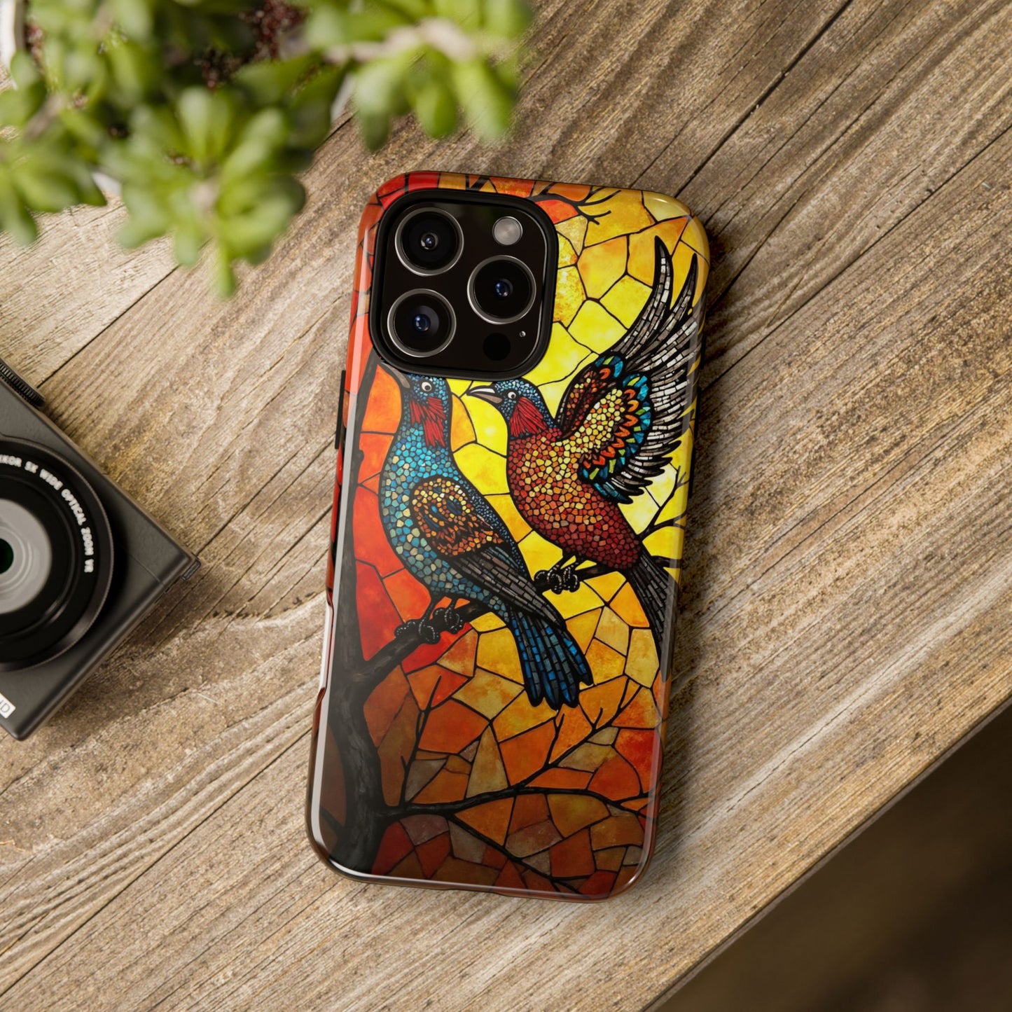 Vibrant Hummingbirds with Stained Glass Charm