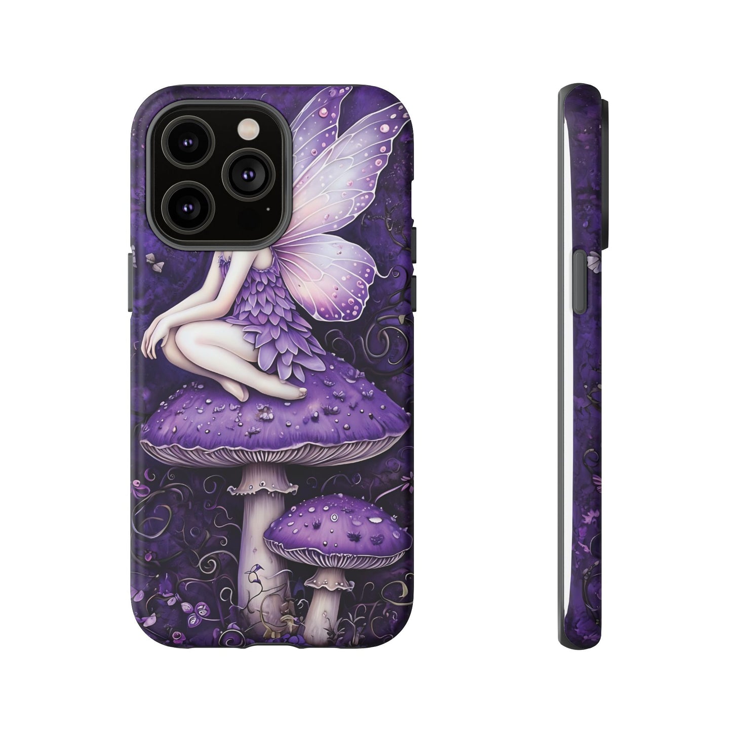 Whimsical Fairy Seated On Purple Mushroom In Enchanting Scene phone case design.