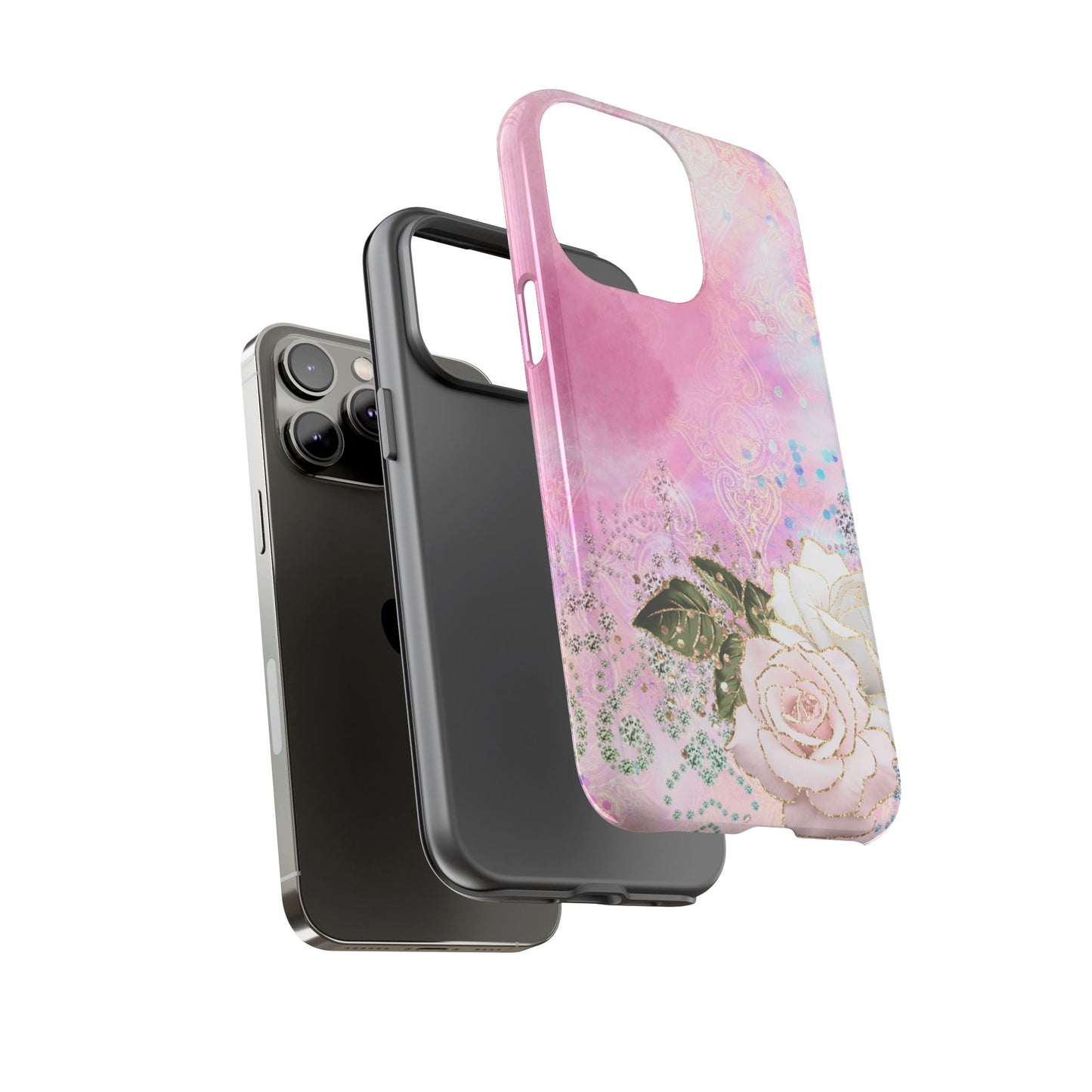Luxury Pink & White Rose Glitter Mobile Case – Elegant & Shimmering Design