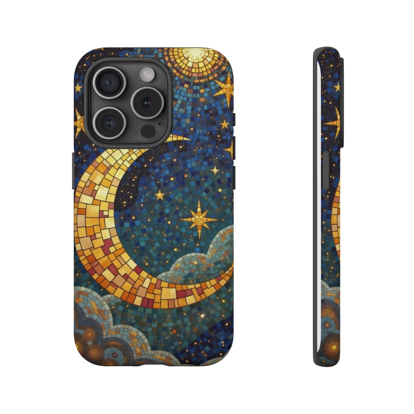 Golden Crescent: Mosaic Moon and Starry Night