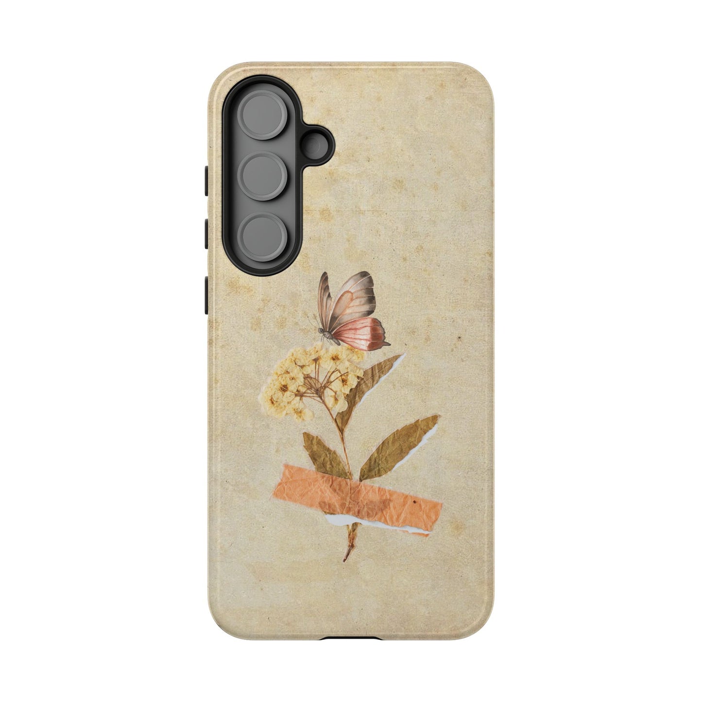 Minimal Vintage Floral Phone Case – Yellow Flower & Butterfly on Beige | For iPhone, Samsung & Google Pixel