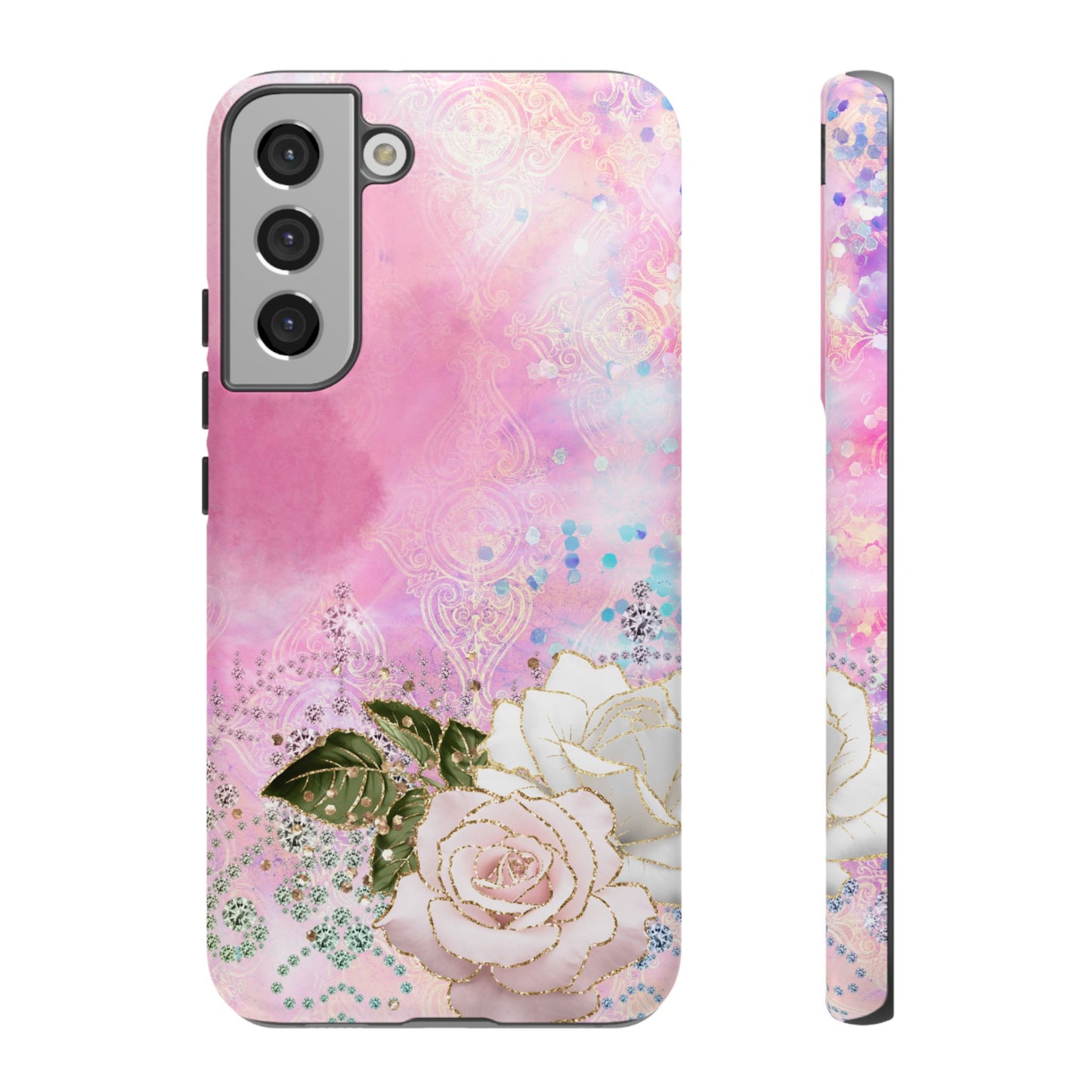 Luxury Pink & White Rose Glitter Mobile Case – Elegant & Shimmering Design