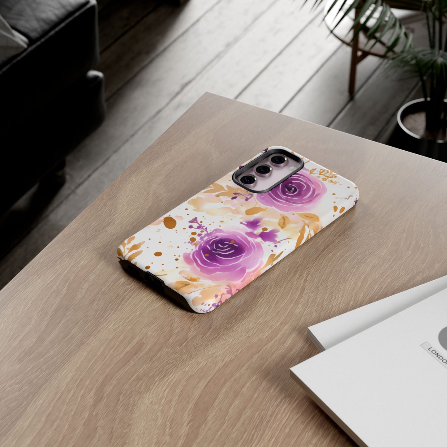 Purple Bloom Watercolor Mobile Case – Artistic Elegance in Gold & Lilac