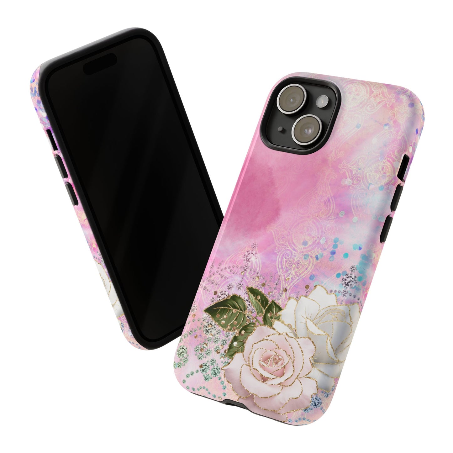 Luxury Pink & White Rose Glitter Mobile Case – Elegant & Shimmering Design