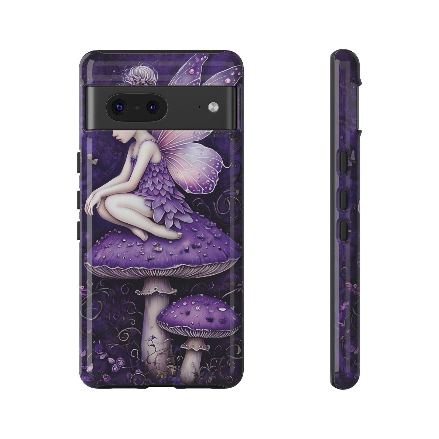Whimsical Fairy Seated On Purple Mushroom In Enchanting Scene phone case design.