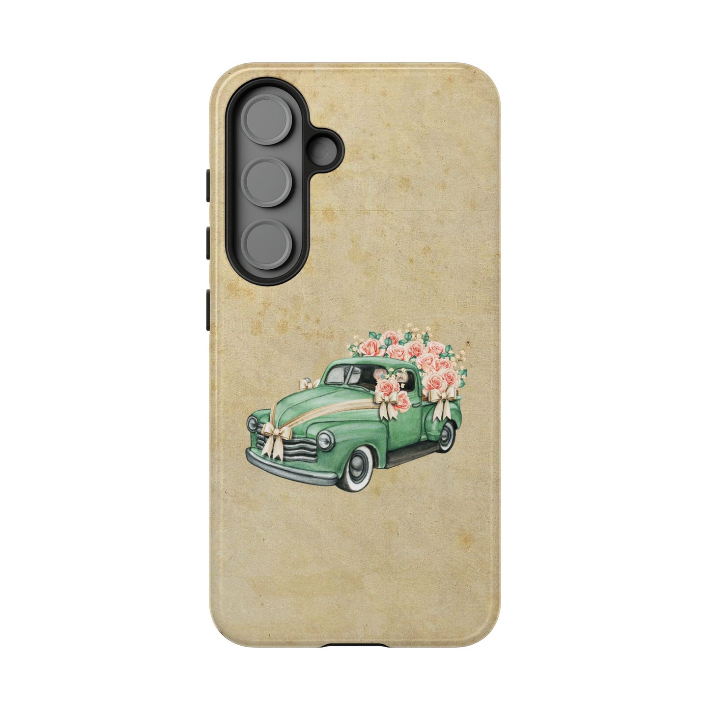 Minimal Vintage Floral Car Phone Case – Green Classic Car on Beige Background – for iPhone, Samsung & Google Pixel