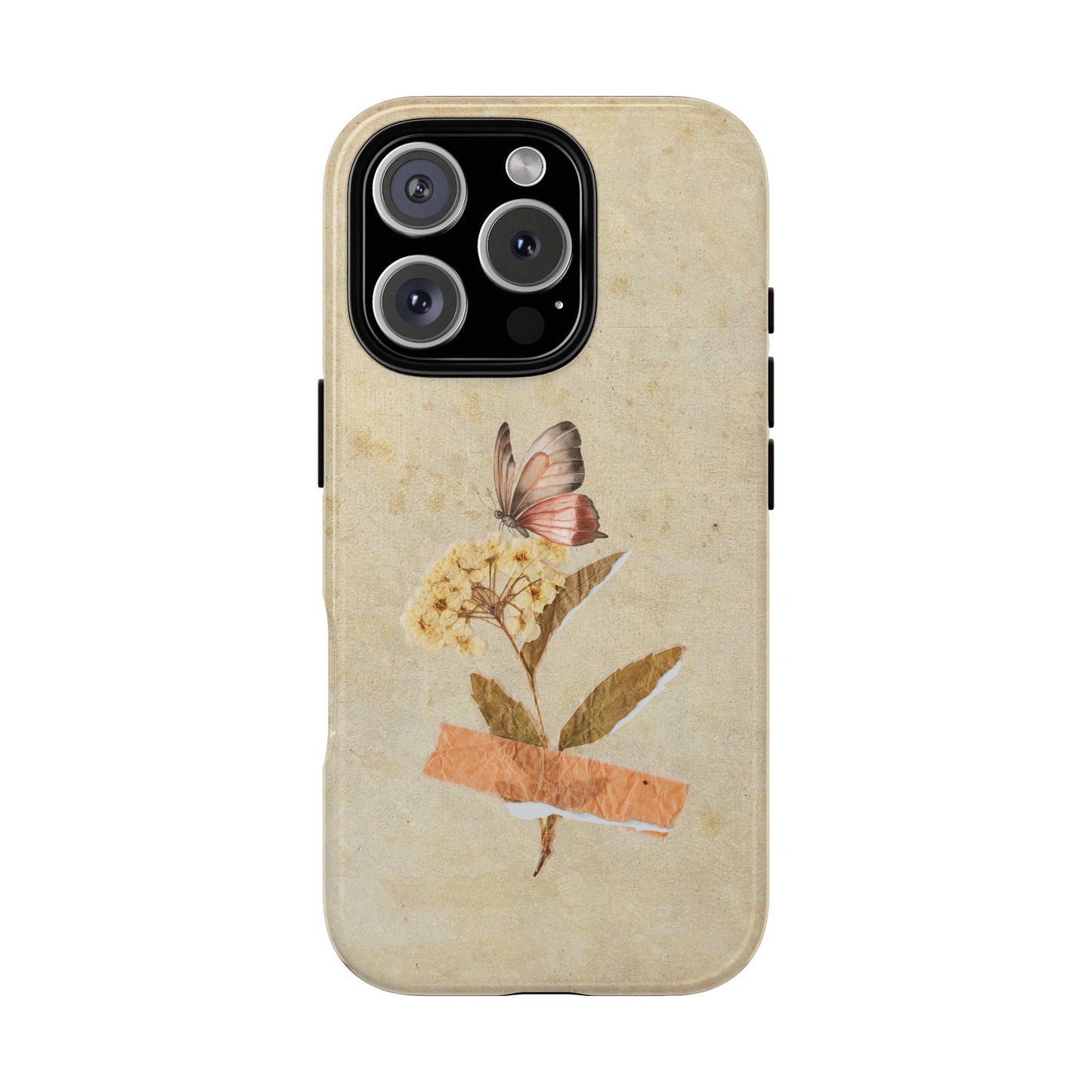 Minimal Vintage Floral Phone Case – Yellow Flower & Butterfly on Beige | For iPhone, Samsung & Google Pixel