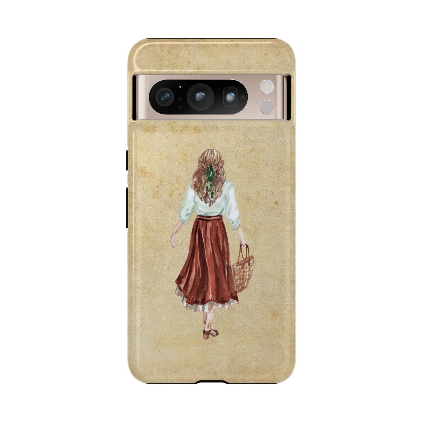 Minimal Vintage Girl with Bag Phone Case – Aesthetic Beige Design for iPhone, Samsung & Google Pixel
