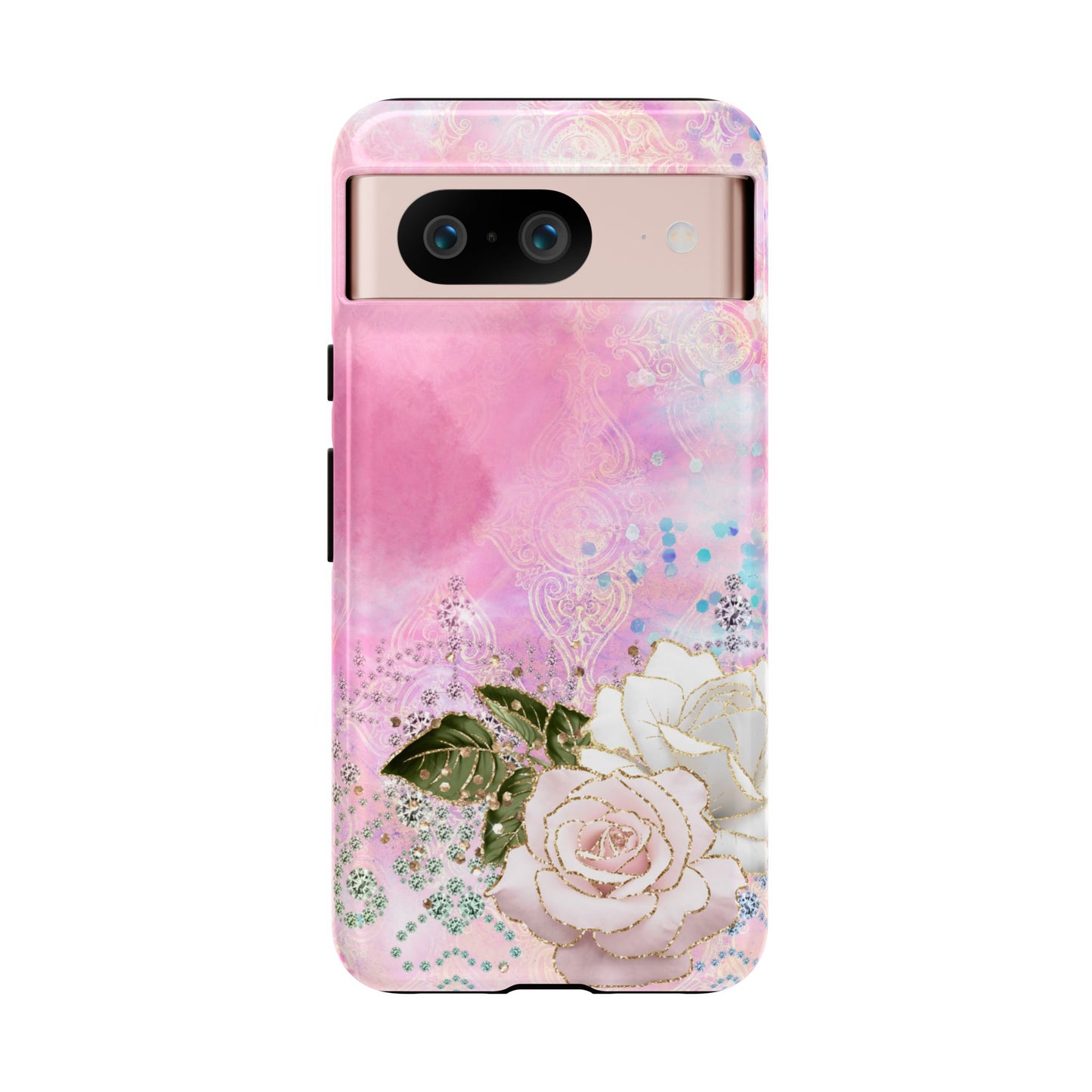 Luxury Pink & White Rose Glitter Mobile Case – Elegant & Shimmering Design