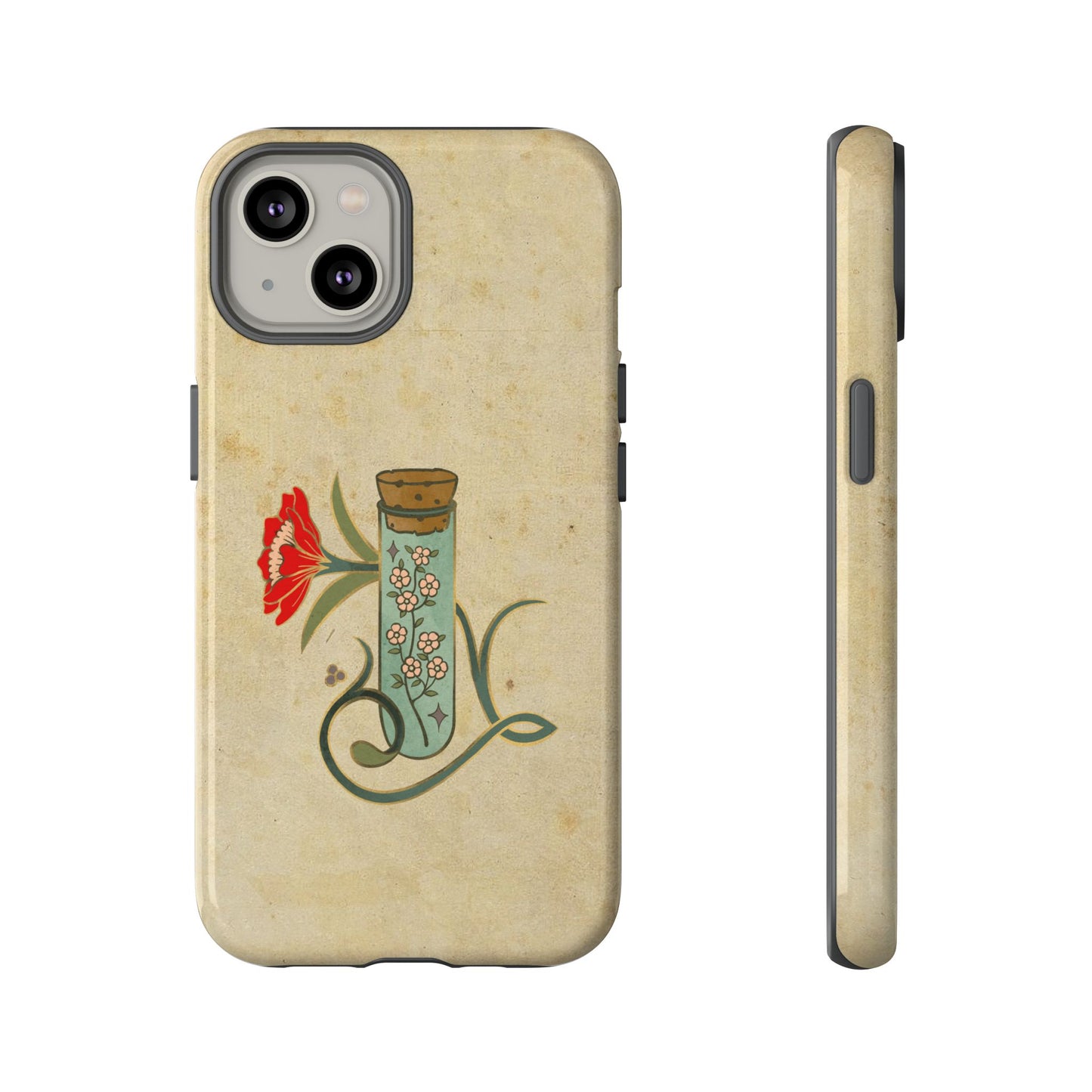 Vintage Floral Glass Tube Phone Case – Minimal Aesthetic, Beige Background (iPhone, Samsung, Pixel)