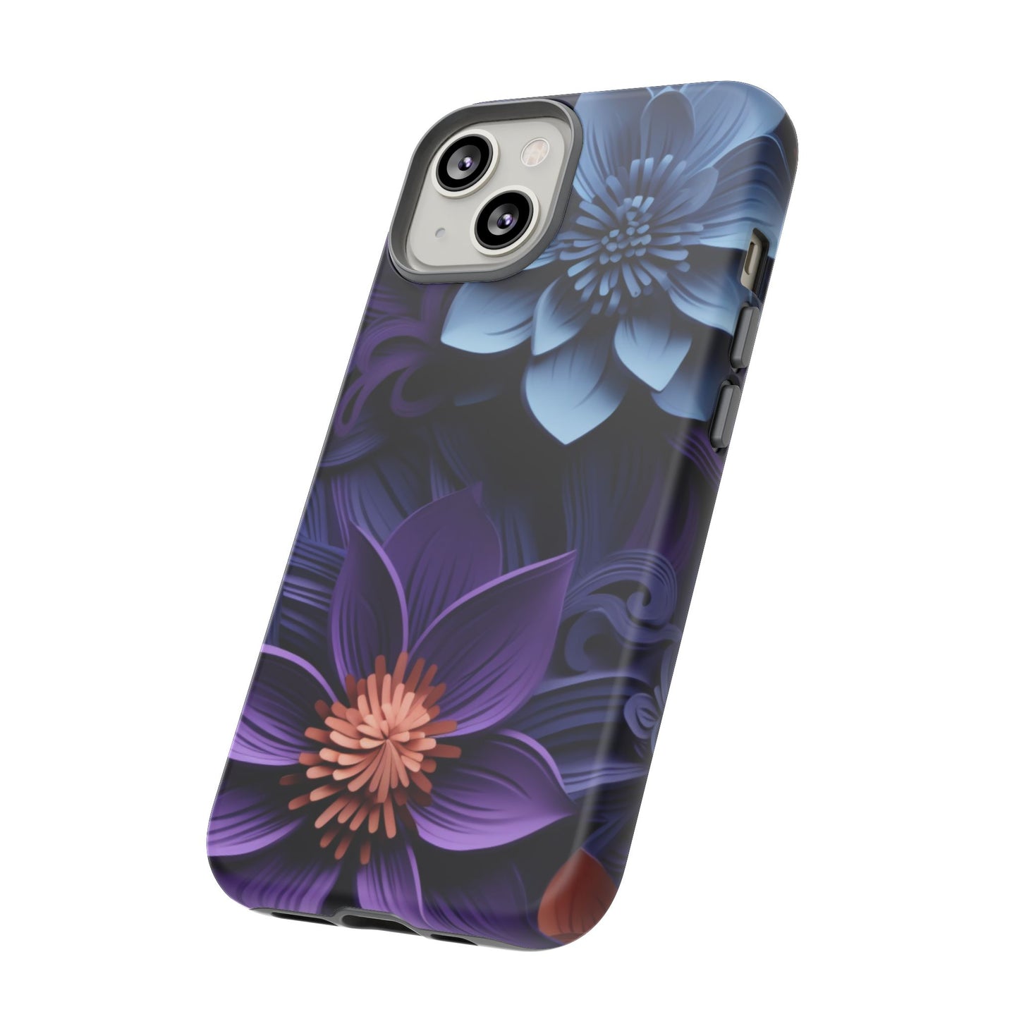 3D Floral Elegance Mobile Case – Midnight Blue & Purple Bloom