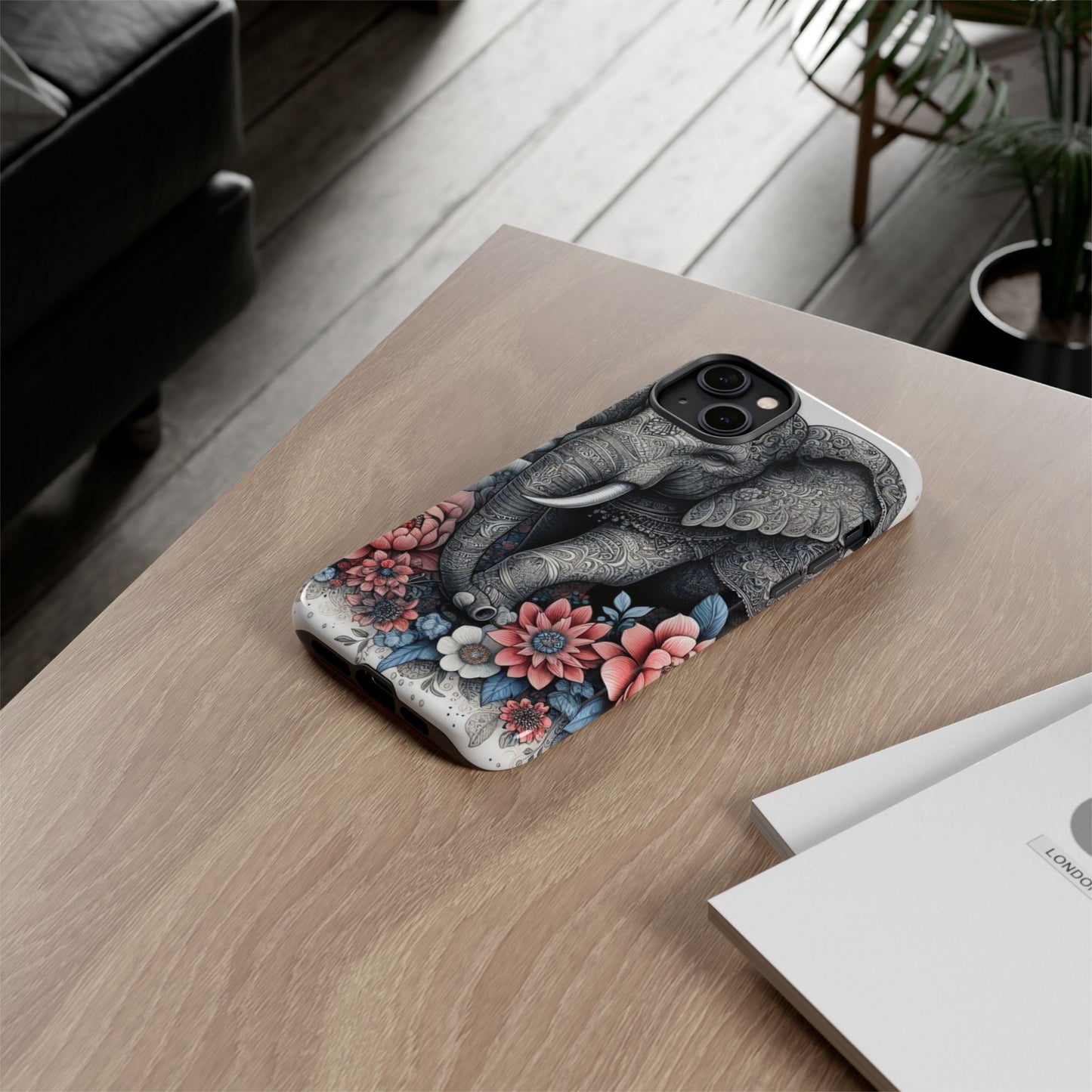 Mandala Elephant Mobile Cover – Elegant Black & White Floral Art