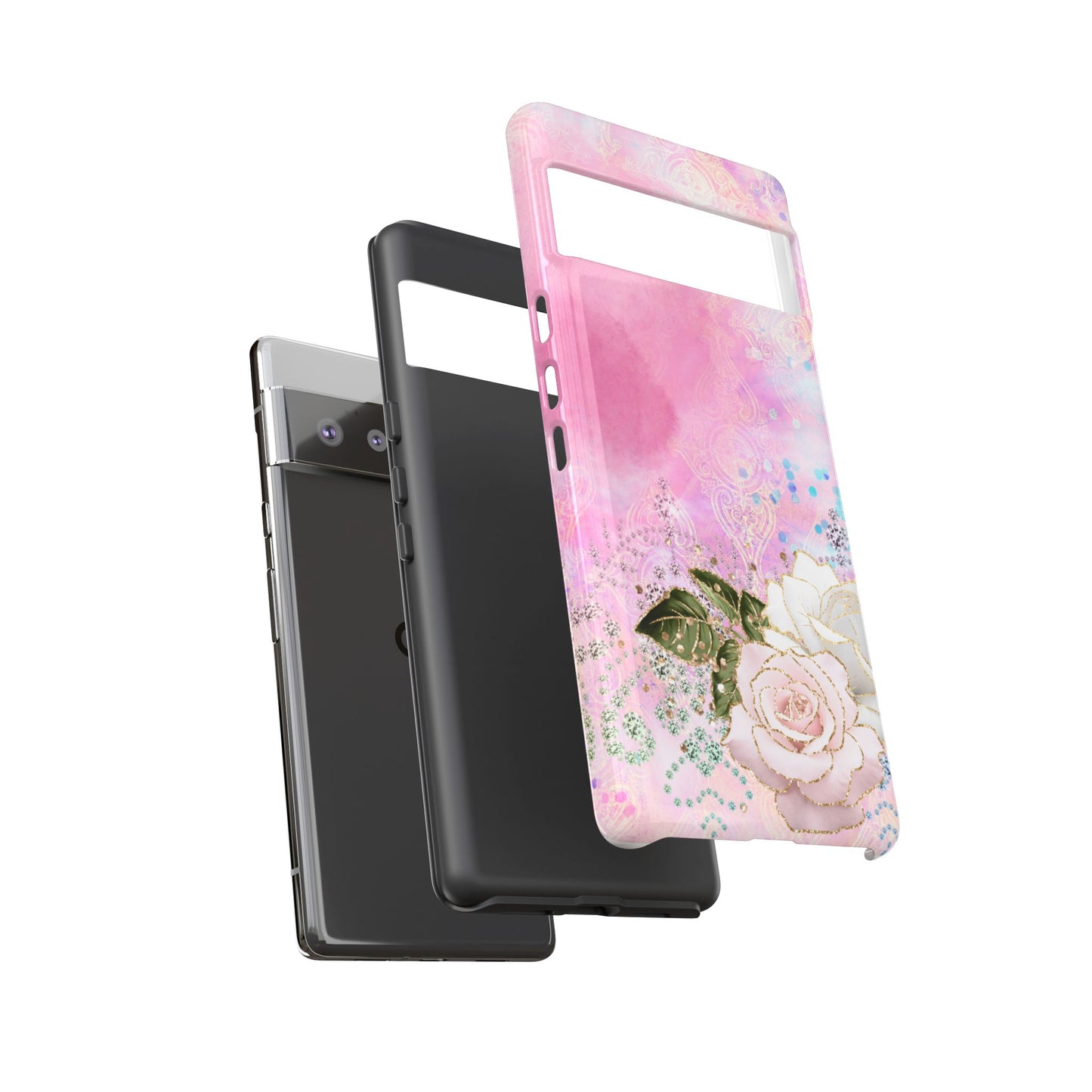 Luxury Pink & White Rose Glitter Mobile Case – Elegant & Shimmering Design