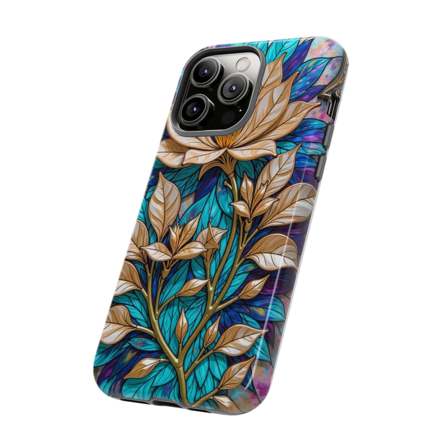 Majestic Golden Blossoms on Mosaic Blue Splendor