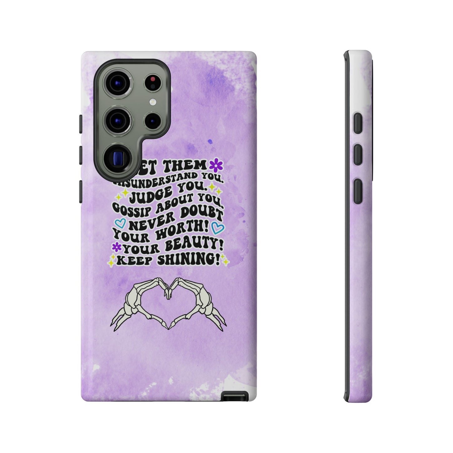 Skeleton Hand Heart Phone Case, Let Them Misunderstand You, Judge You, Gossip About You, Never Doubt Your Worth, Your Beauty Keep Shining Phone Case, Motivational Quote Cover for iPhone, Samsung & Google Pixel White Peach Checkered Pattern Phone Cover