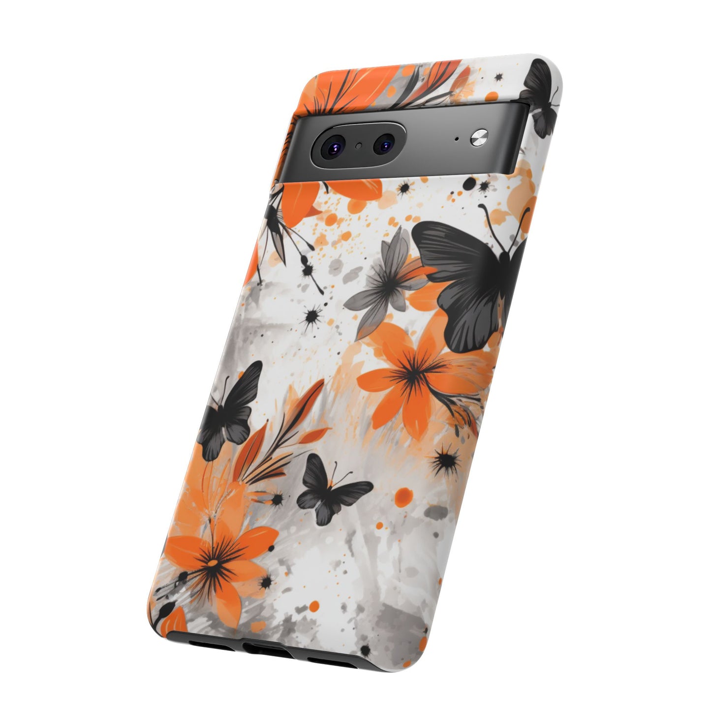 Bold Butterfly & Floral Splash Mobile Cover – Black & Orange Aesthetic