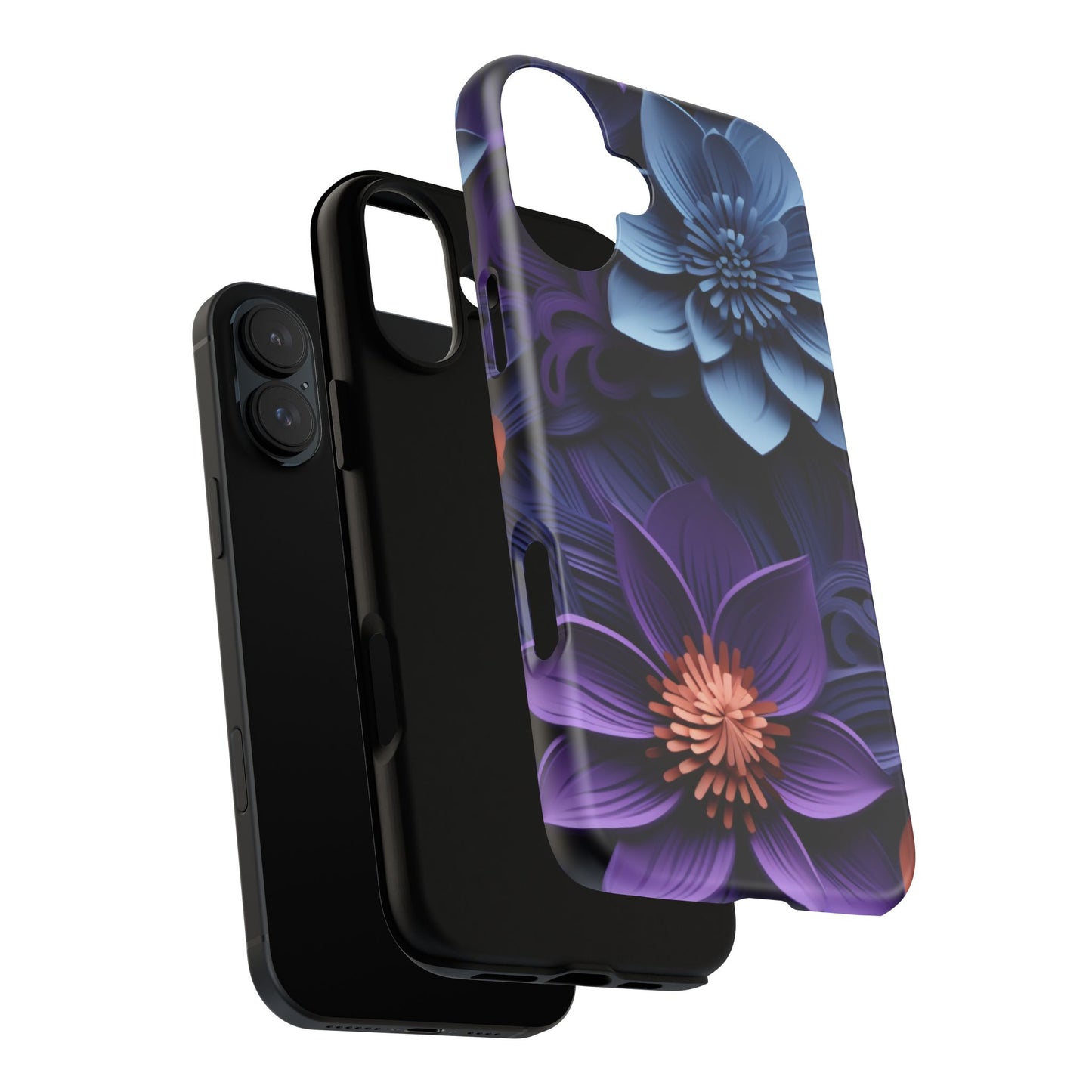 3D Floral Elegance Mobile Case – Midnight Blue & Purple Bloom