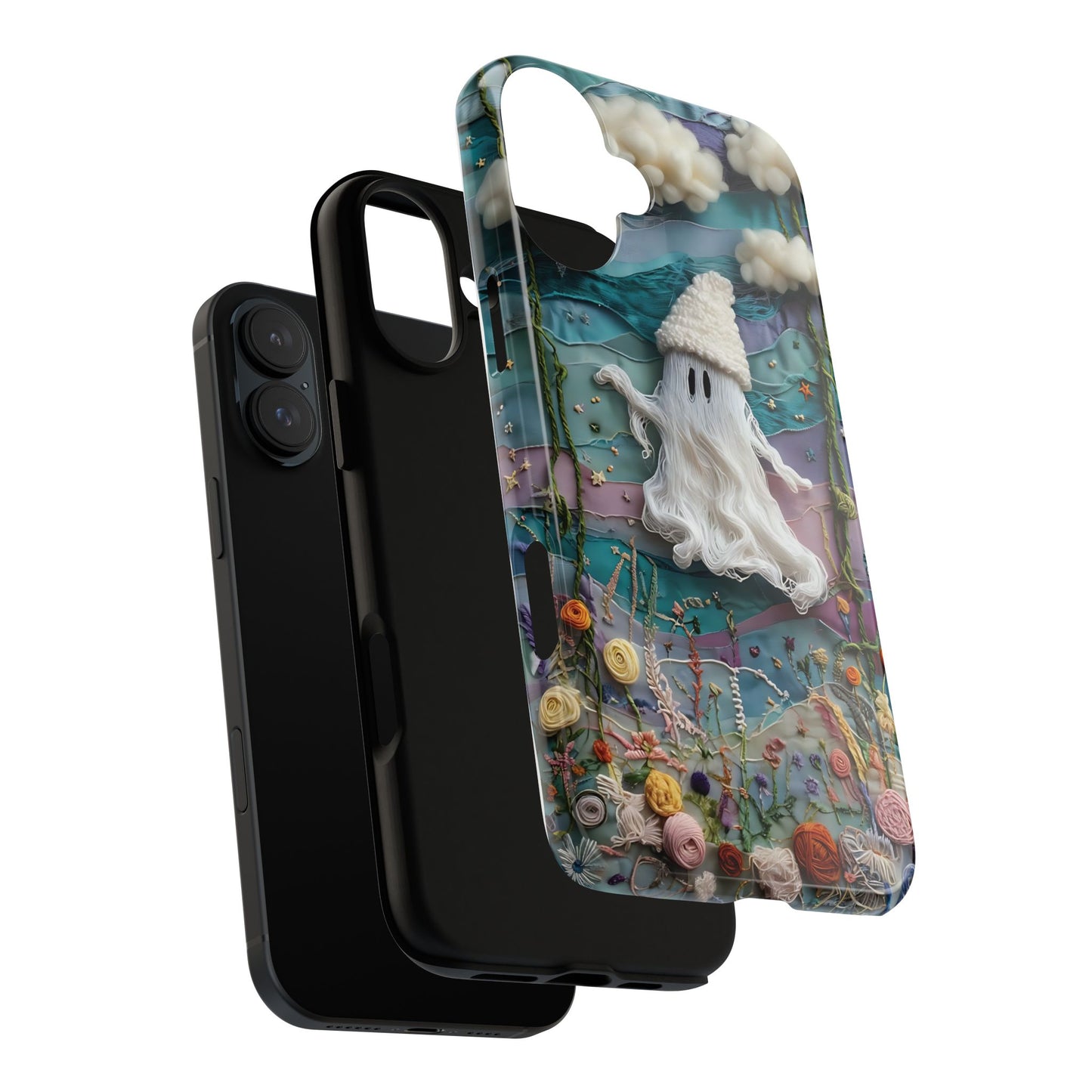 Whimsical Ghost Surrounded By Vibrant Embroidered Flowers phone case design.