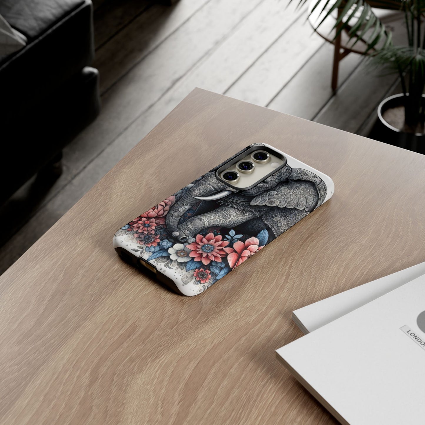 Mandala Elephant Mobile Cover – Elegant Black & White Floral Art