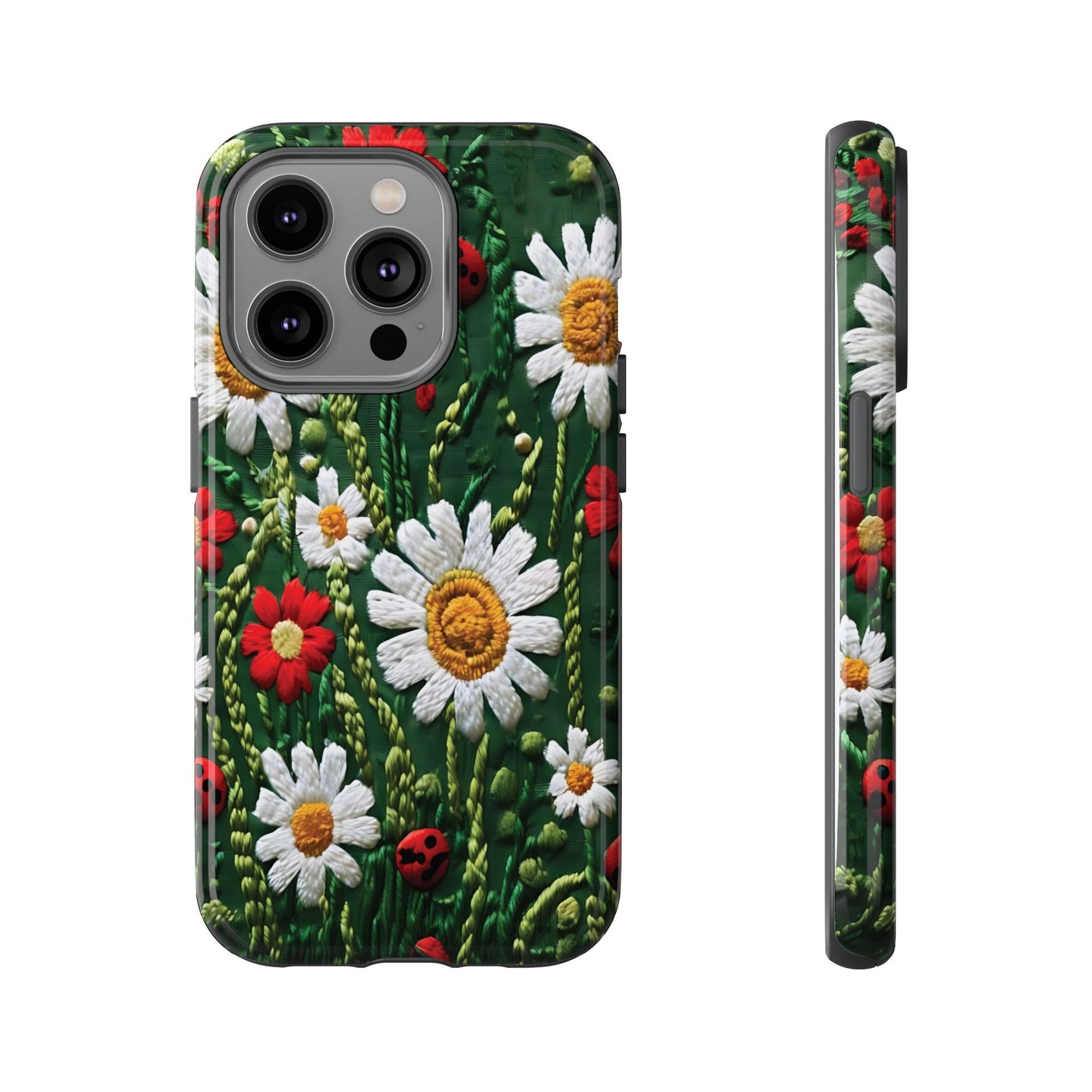 Intricate Embroidered Fabric Featuring Daisies And Ladybugs phone case design