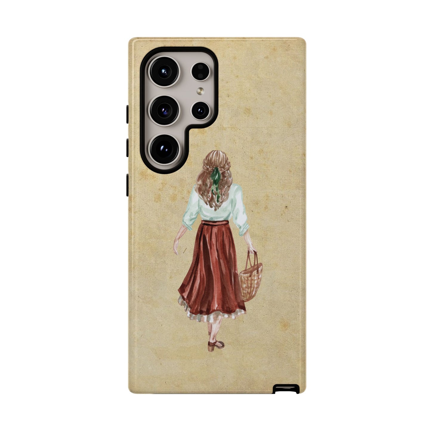 Minimal Vintage Girl with Bag Phone Case – Aesthetic Beige Design for iPhone, Samsung & Google Pixel
