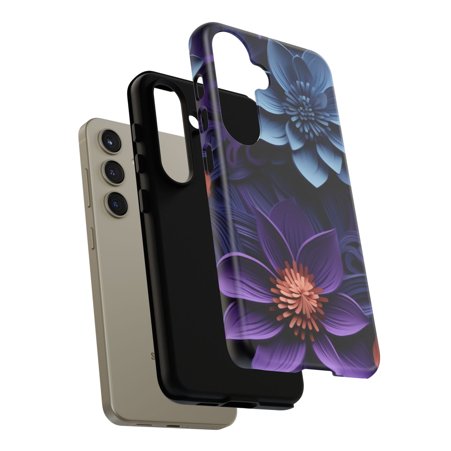 3D Floral Elegance Mobile Case – Midnight Blue & Purple Bloom