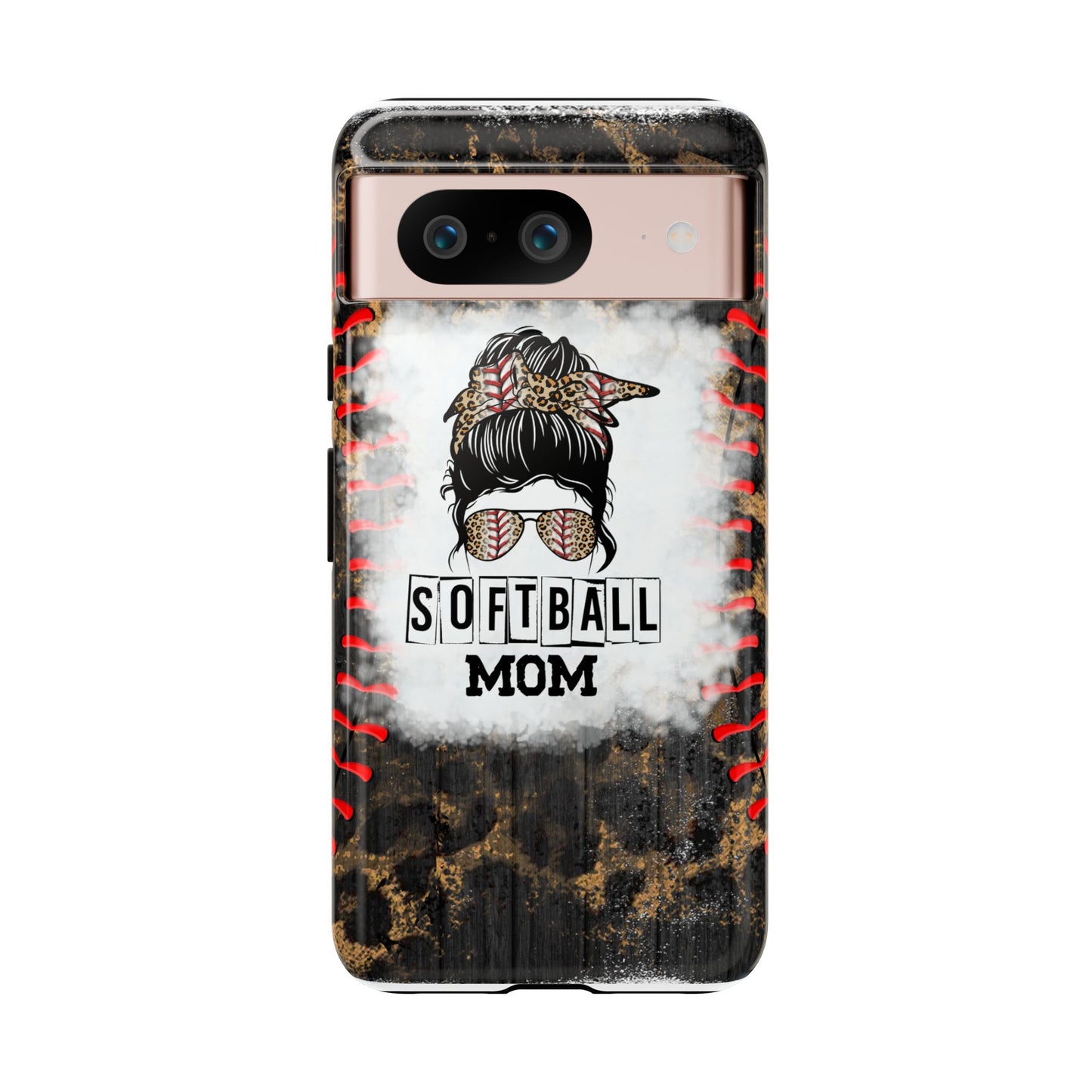 Softball Mom Phone Case for iPhone, Samsung & Google Pixel, Messy Bun Phone Case, Leopard Print Phone Case, Sports Lover Gift