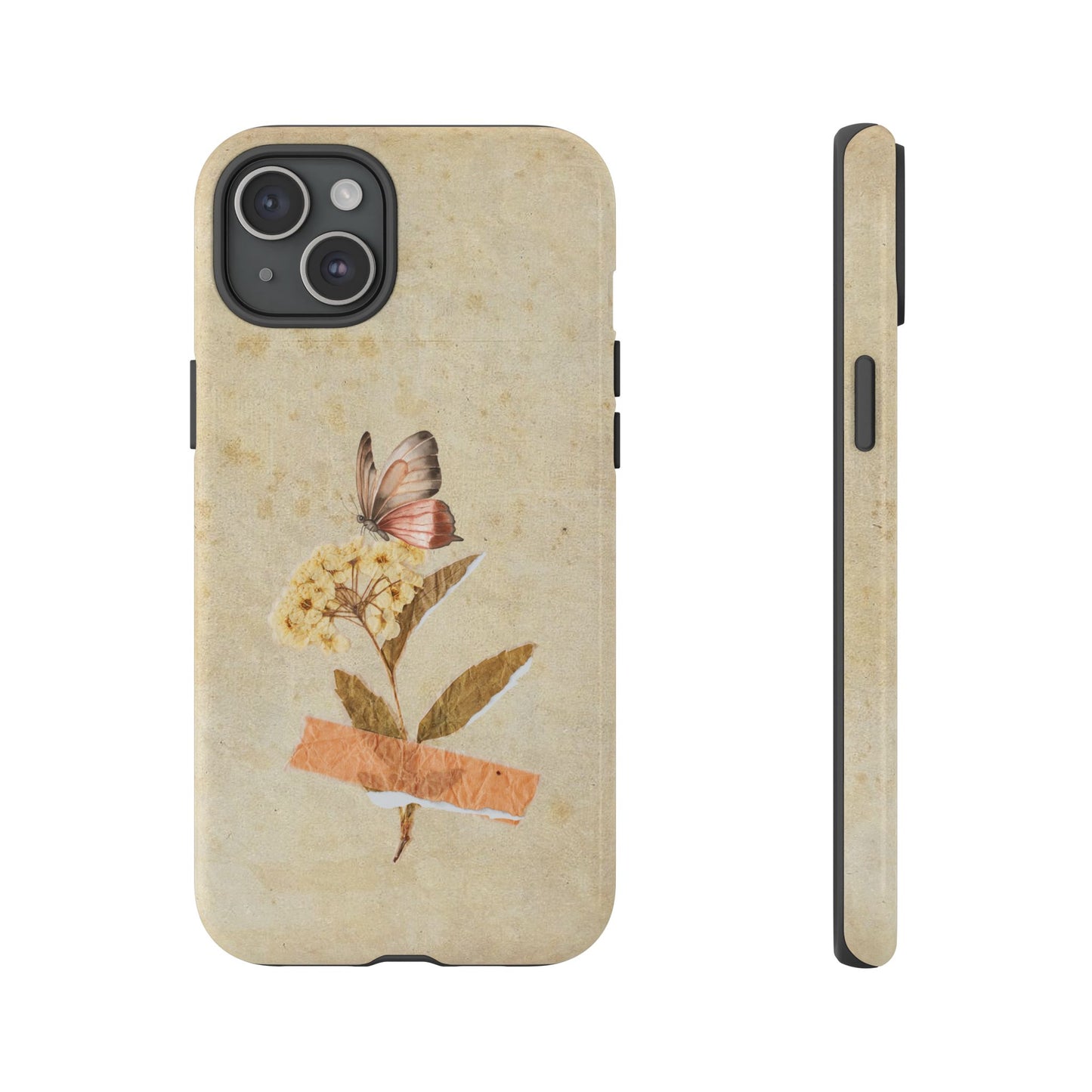 Minimal Vintage Floral Phone Case – Yellow Flower & Butterfly on Beige | For iPhone, Samsung & Google Pixel