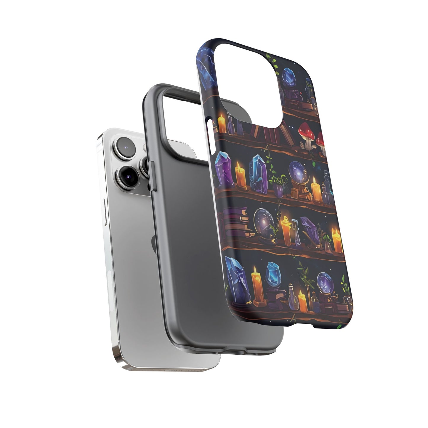 Fantasy Seamless Pattern Of Wooden Shelves Filled With Mystical Items phone case design.