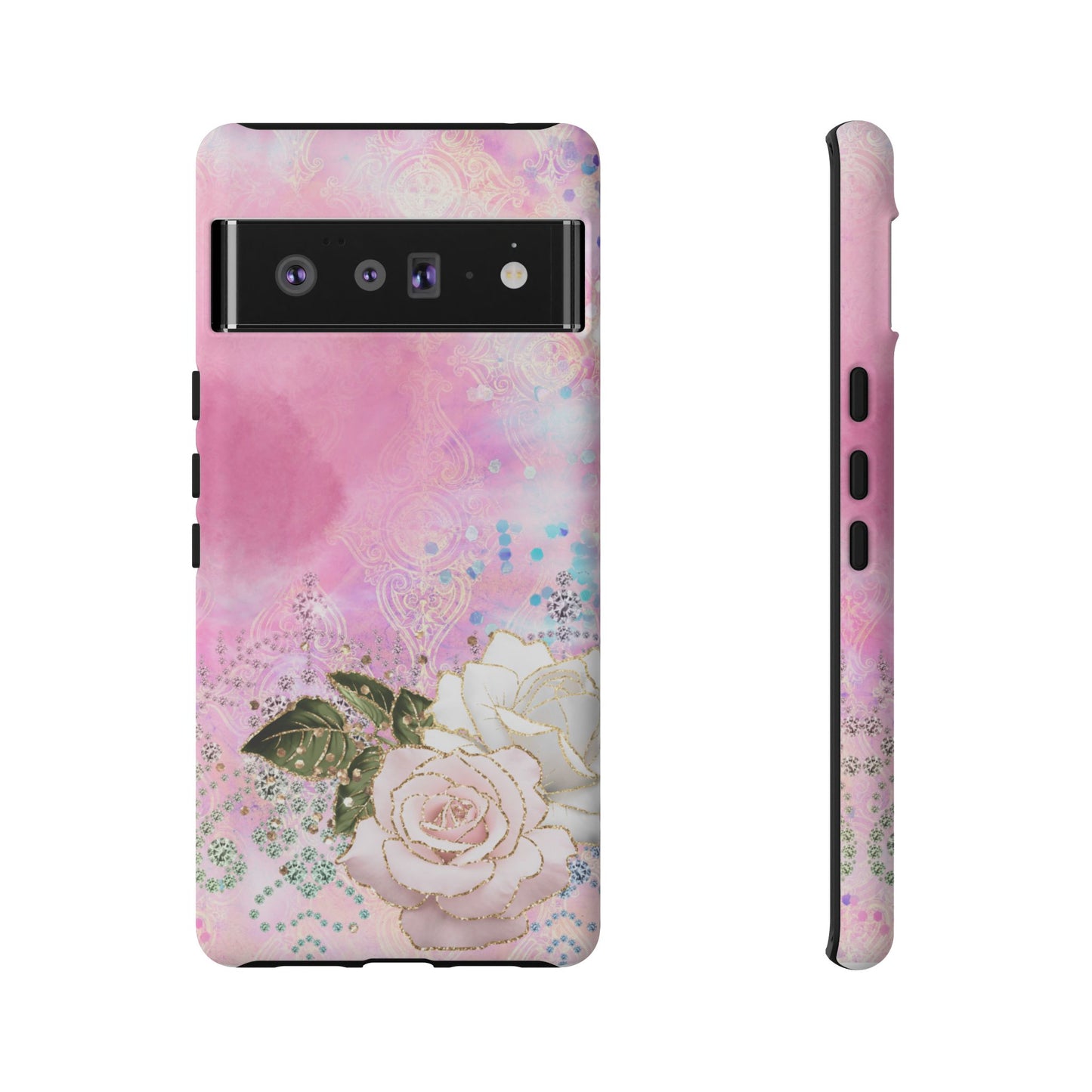 Luxury Pink & White Rose Glitter Mobile Case – Elegant & Shimmering Design