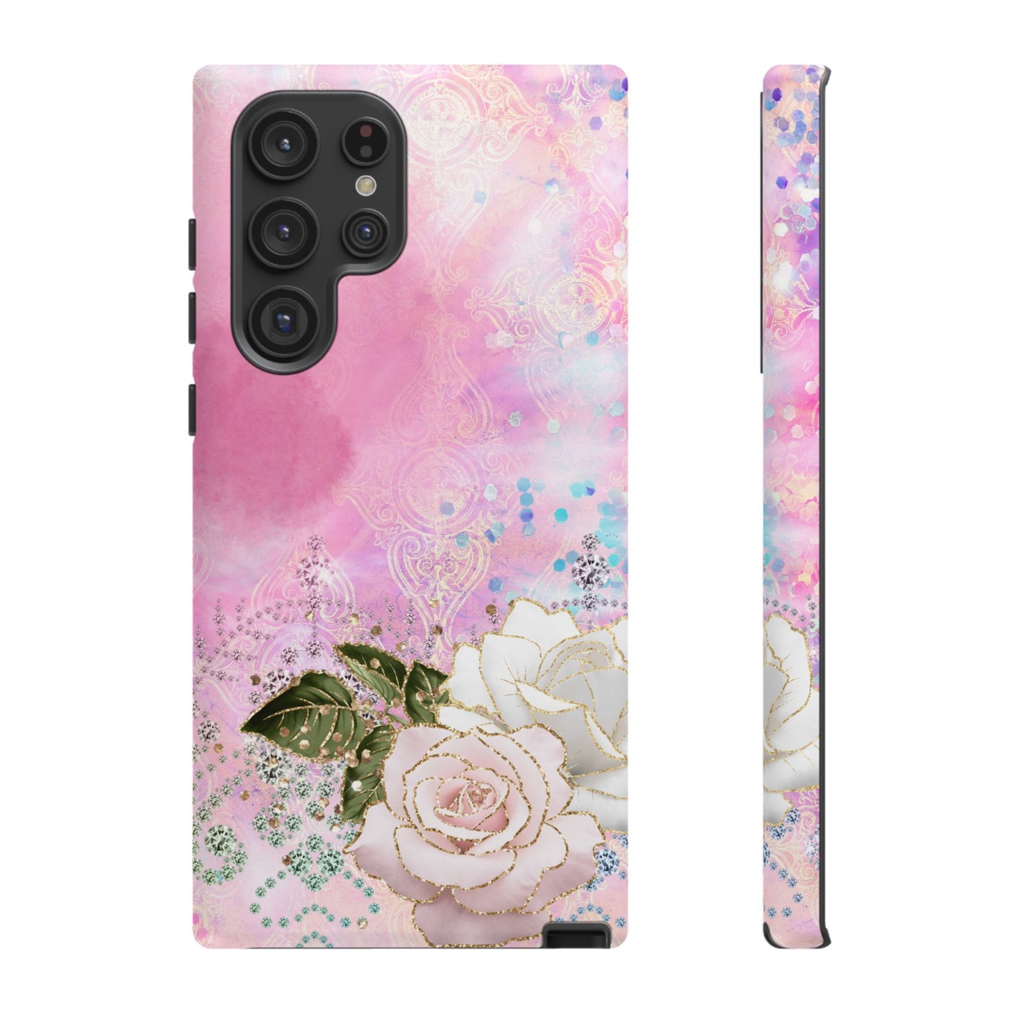 Luxury Pink & White Rose Glitter Mobile Case – Elegant & Shimmering Design