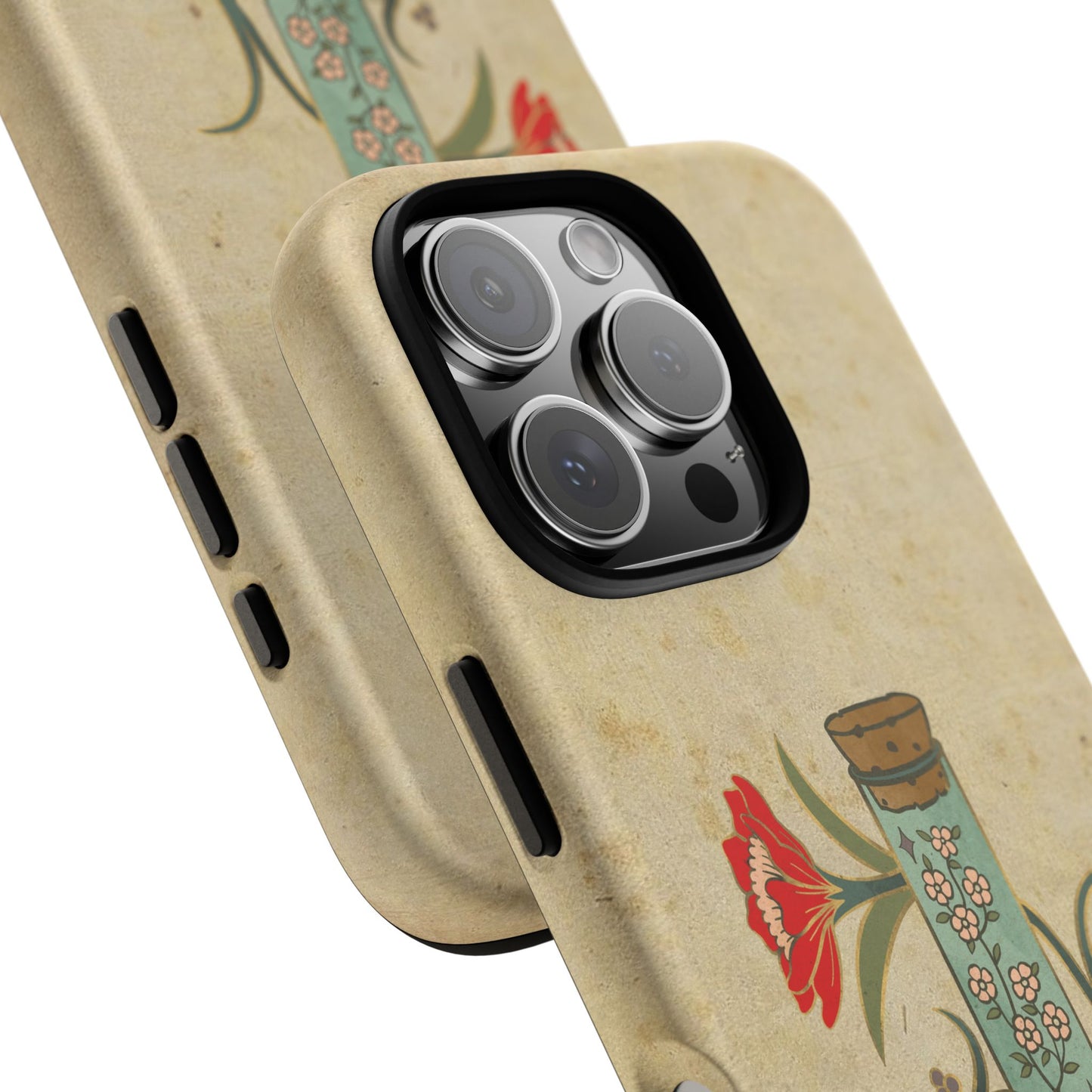 Vintage Floral Glass Tube Phone Case – Minimal Aesthetic, Beige Background (iPhone, Samsung, Pixel)