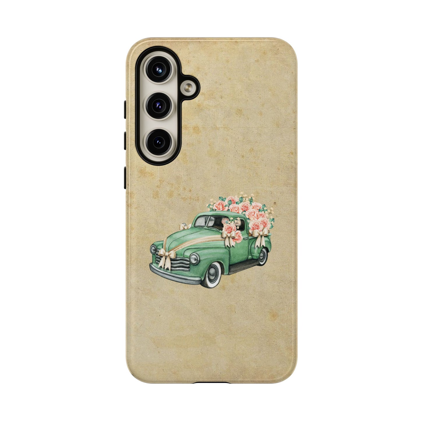 Minimal Vintage Floral Car Phone Case – Green Classic Car on Beige Background – for iPhone, Samsung & Google Pixel