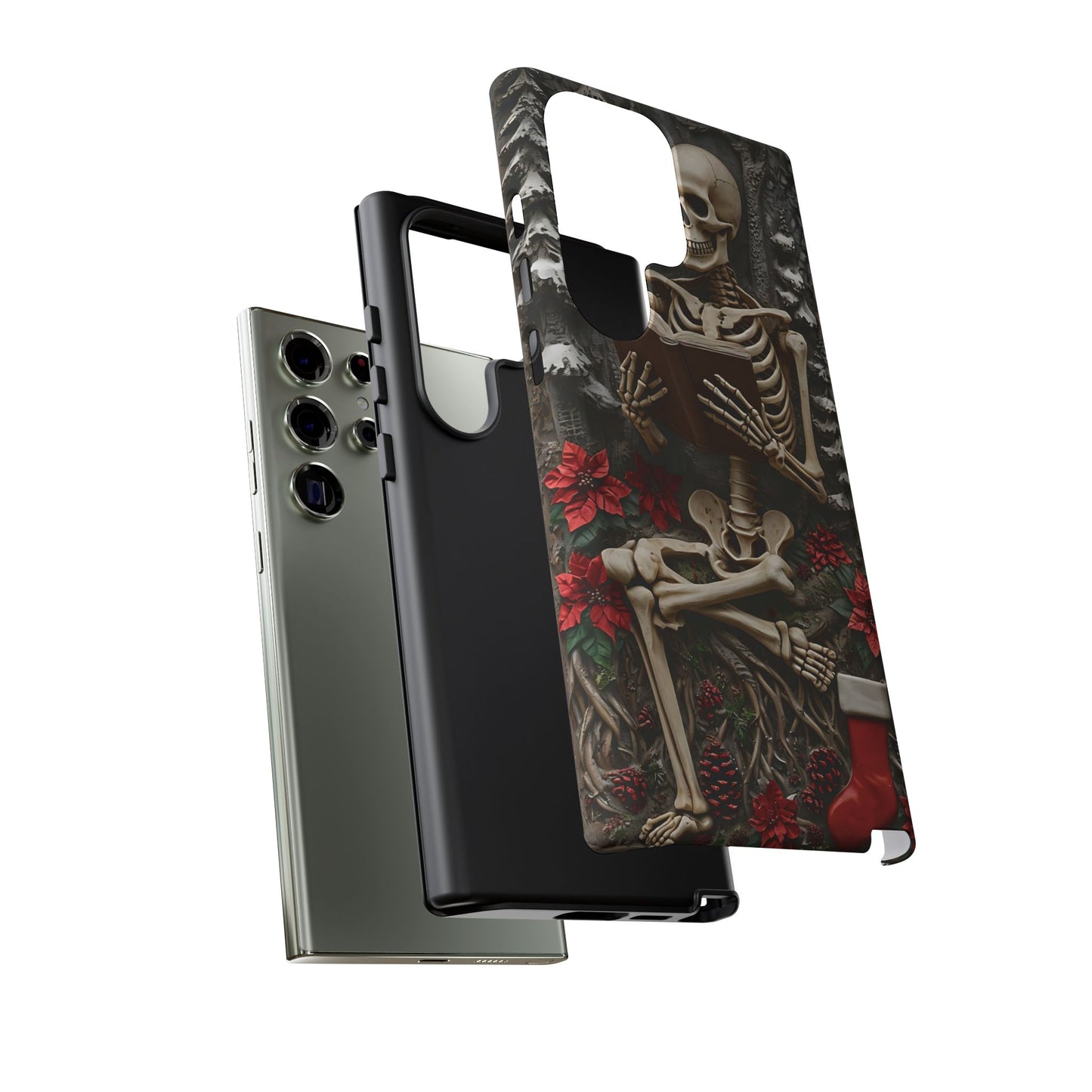 Surreal Relief Sculpture of Skeleton Reading Amidst Festive Decor phone case design