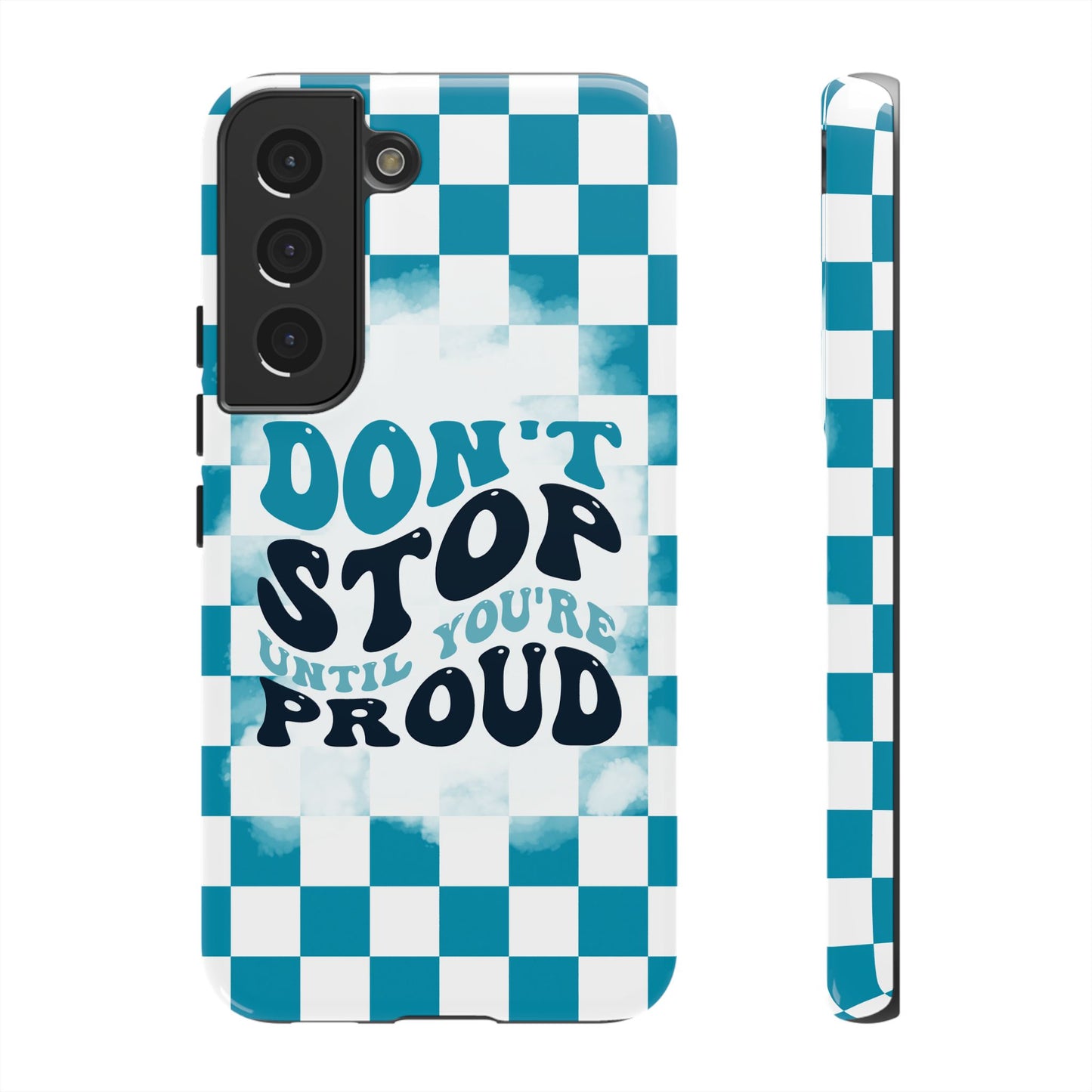 Don't Stop Until You're Proud Phone Case, Motivational Quote Cover for iPhone, Samsung & Google Pixel White Green Checkered Pattern Phone Cover, Wavy Text Case, Kindness Phone Case, Inspirational Gift