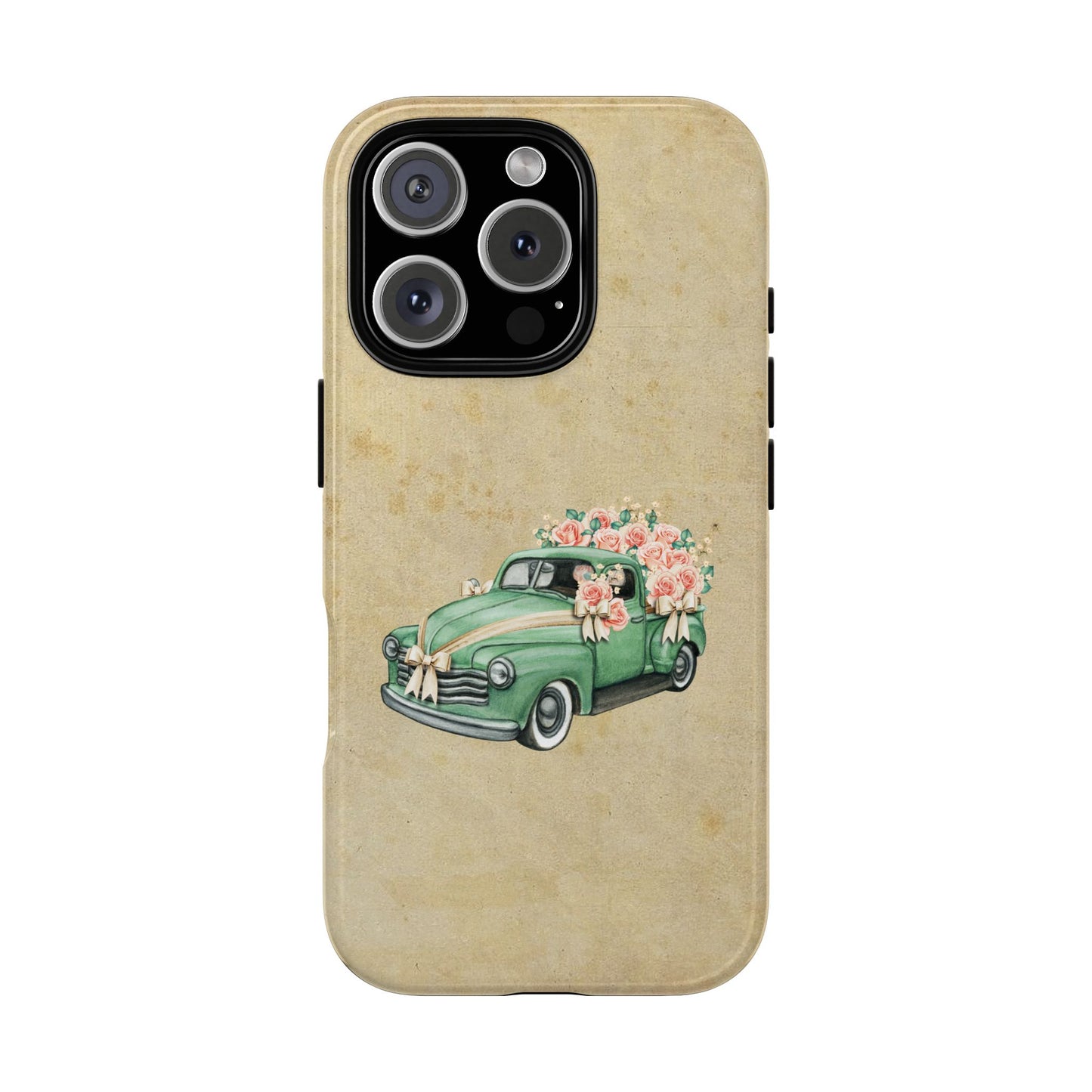 Minimal Vintage Floral Car Phone Case – Green Classic Car on Beige Background – for iPhone, Samsung & Google Pixel