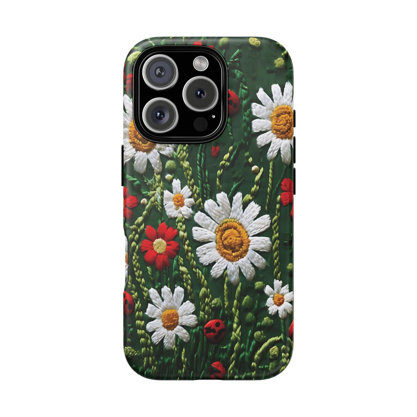 Intricate Embroidered Fabric Featuring Daisies And Ladybugs phone case design