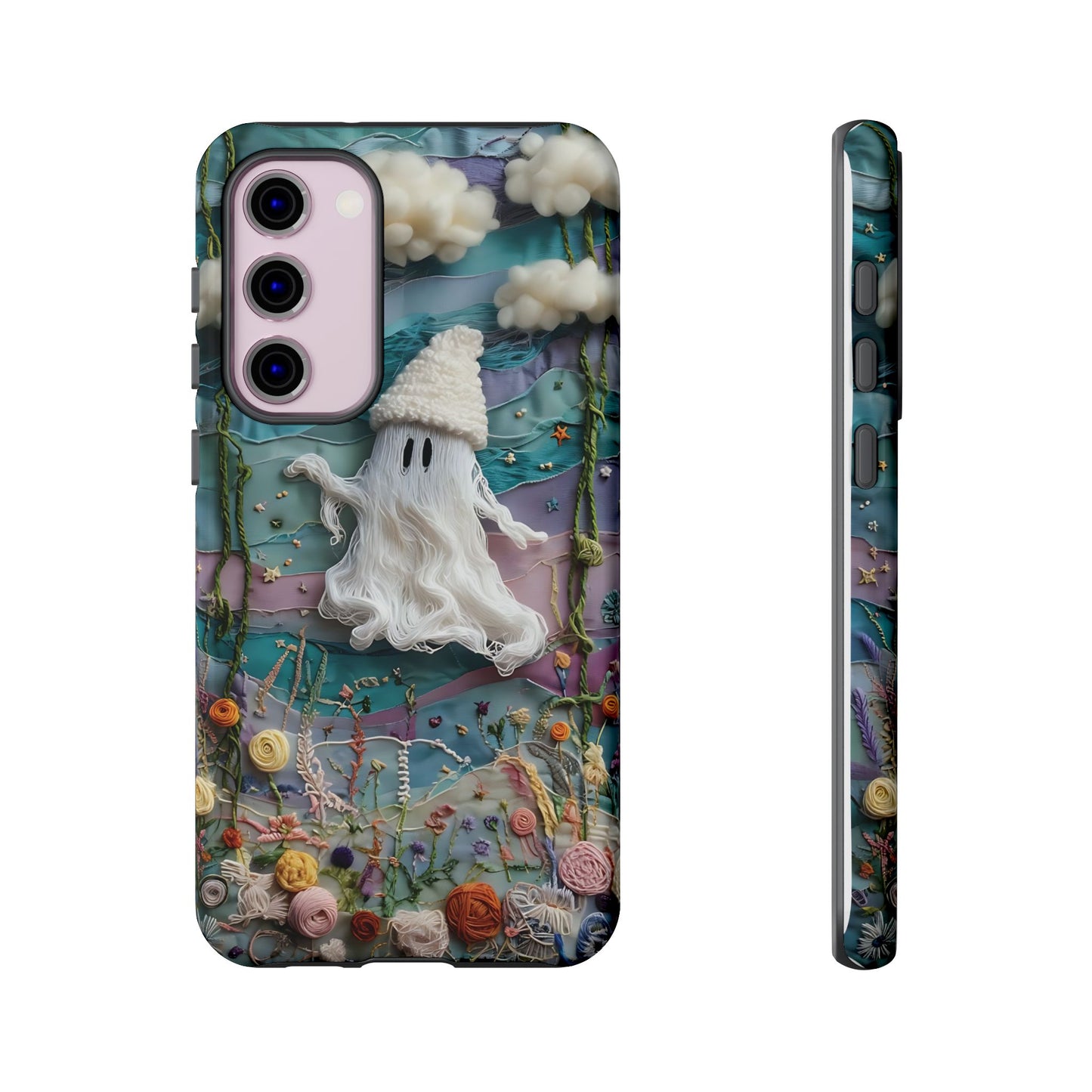Whimsical Ghost Surrounded By Vibrant Embroidered Flowers phone case design.