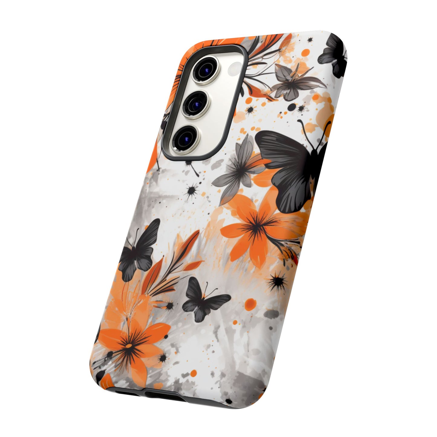 Bold Butterfly & Floral Splash Mobile Cover – Black & Orange Aesthetic